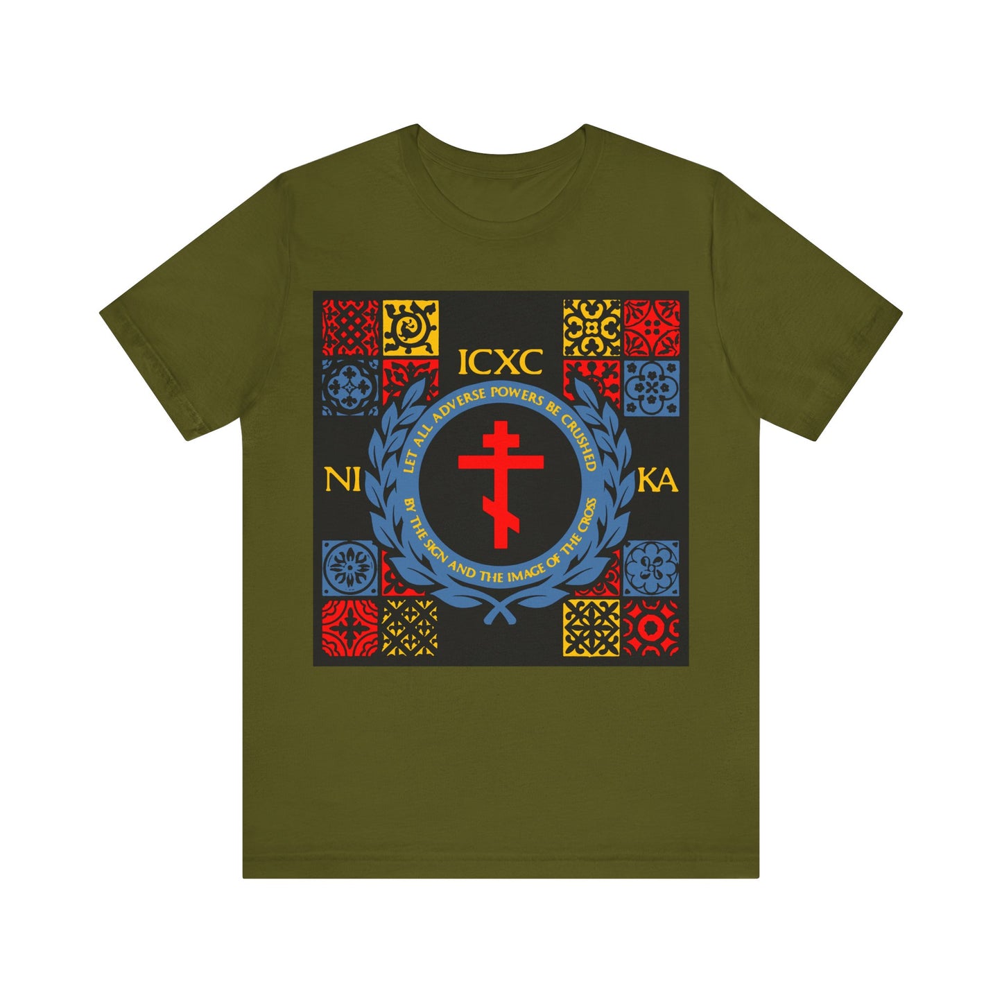 Let All Adverse Powers Be Crushed (Red, Yellow & Blue Design) | ICXC NIKA | Medieval Tile Design | Orthodox Christian T-Shirt