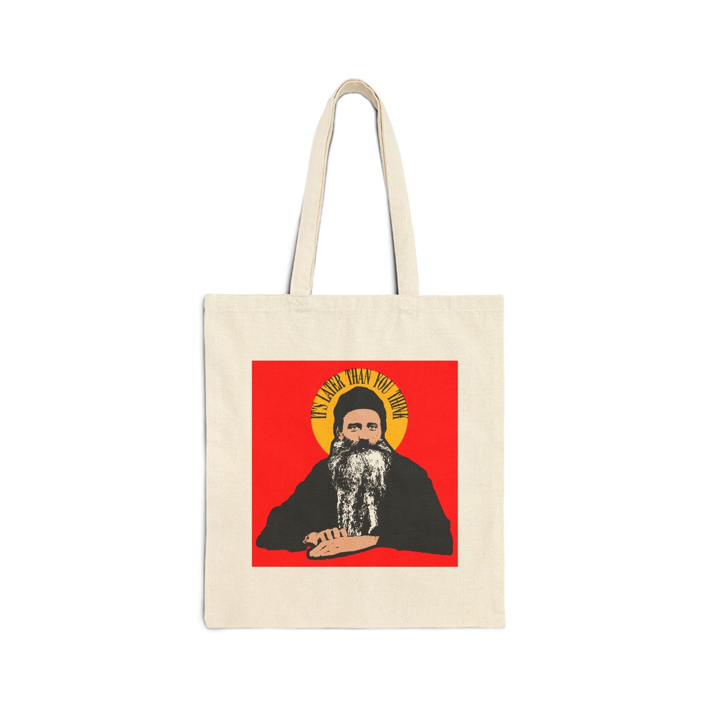 Natural tote bag featuring a modern design of Fr Seraphim Rose with his quote “It's Later Than You Think” in a yellow halo, inspired by American Orthodox Christian saints.