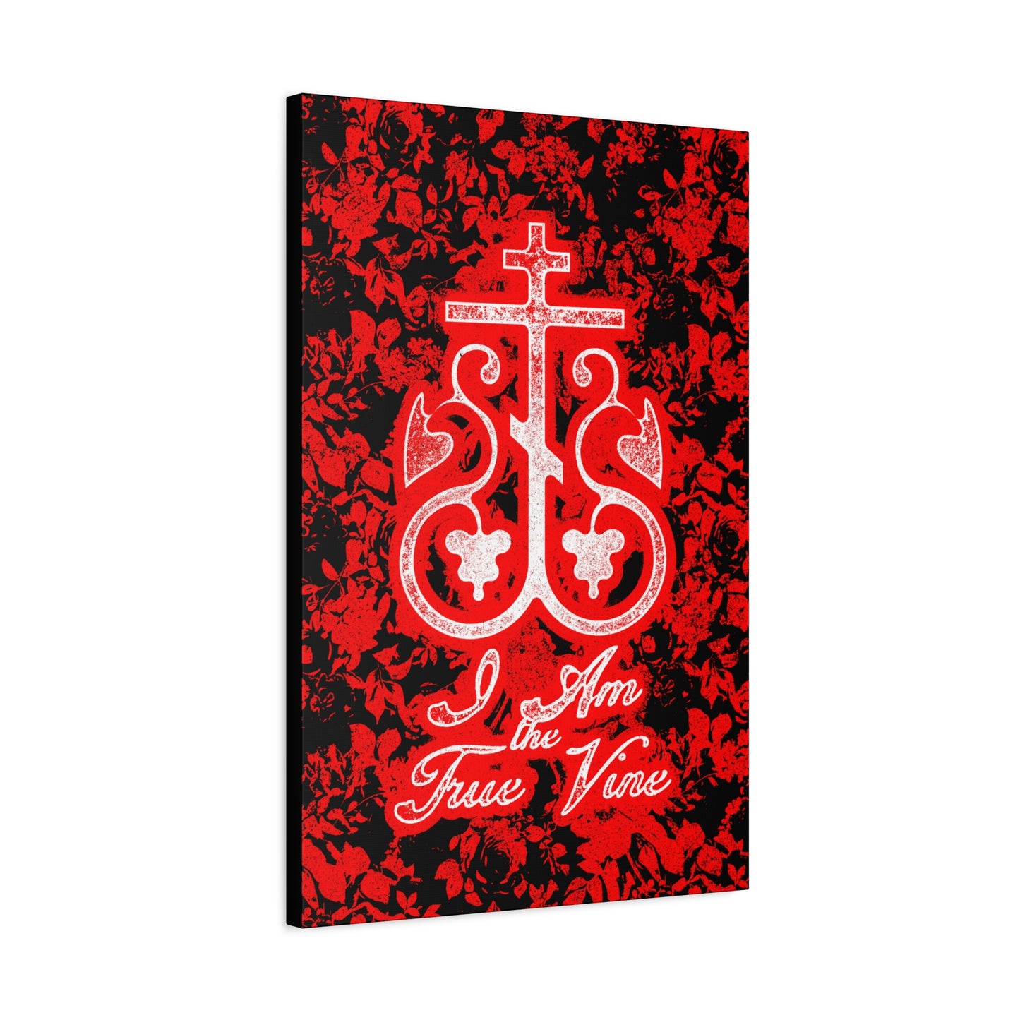 I Am the True Vine (John 15:1) | Orthodox Cross Vine Monogram | Red and Black Floral Design | Orthodox Christian Canvas Art