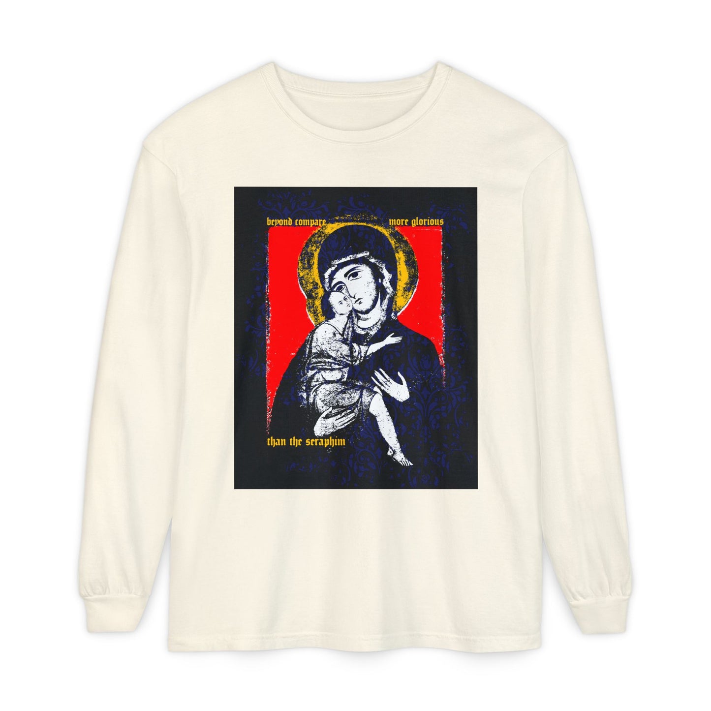 Beyond Compare More Glorious Than the Seraphim | Vladimir Theotokos Iconographic | Orthodox Christian Long Sleeve Shirt