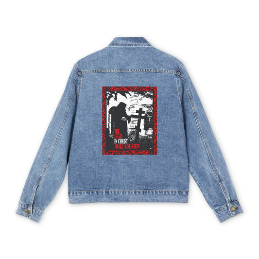 The Dead in Christ Shall Rise First | Gothic Graveyard Design | 1 Thessalonians 4:16 | Orthodox Christian Blue Denim Jacket