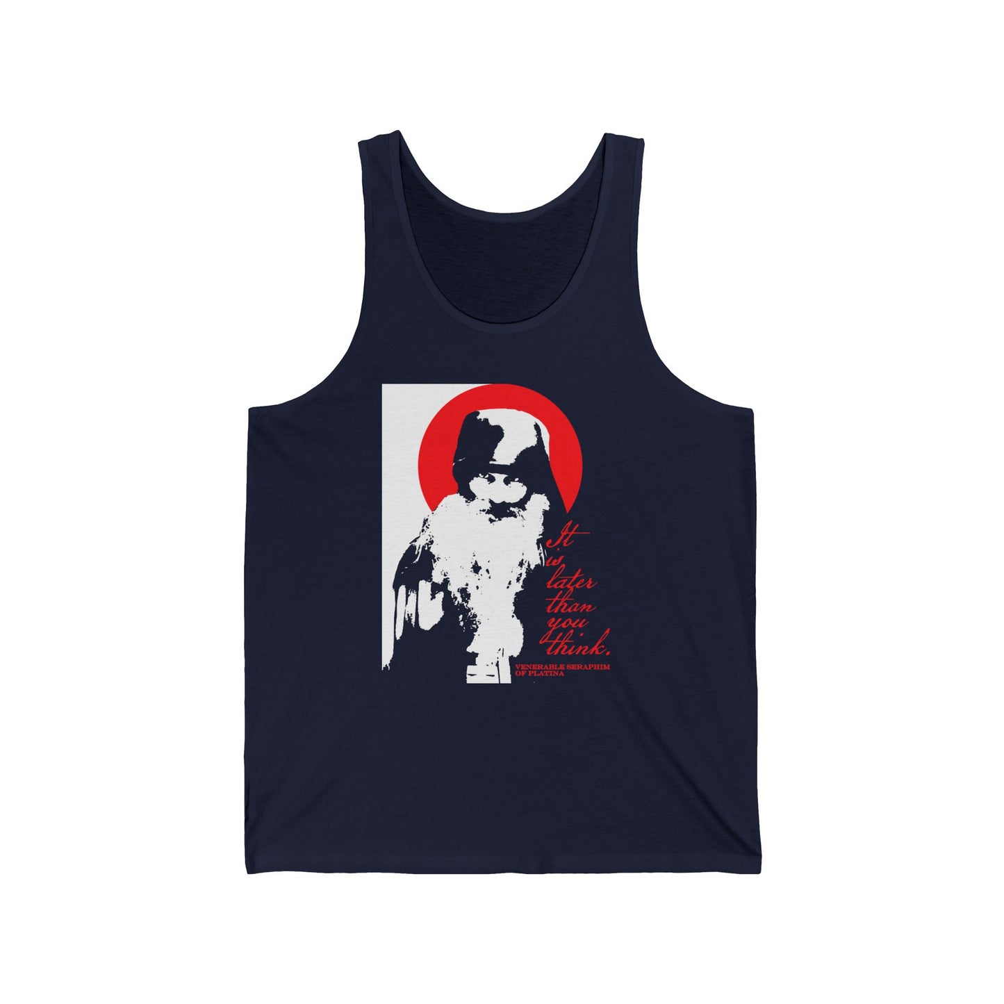 The “It’s Later Than You Think” tank top by Remembrance of Death features a high-contrast black and white cat with a red circle backdrop and script, inspired by Fr Seraphim Rose and Orthodox Christian memento mori themes.