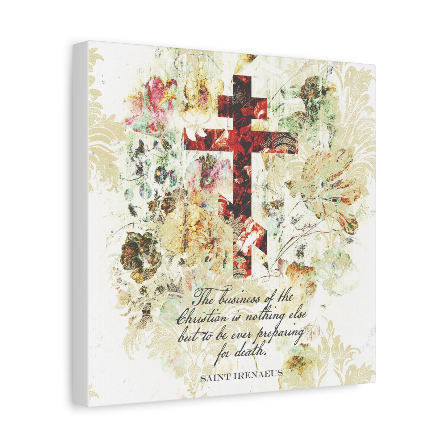 Preparing For Death | White & Beige Floral Scrapbook Texture Cross | Arts & Crafts Style | St Irenaeus | Orthodox Christian Canvas Art