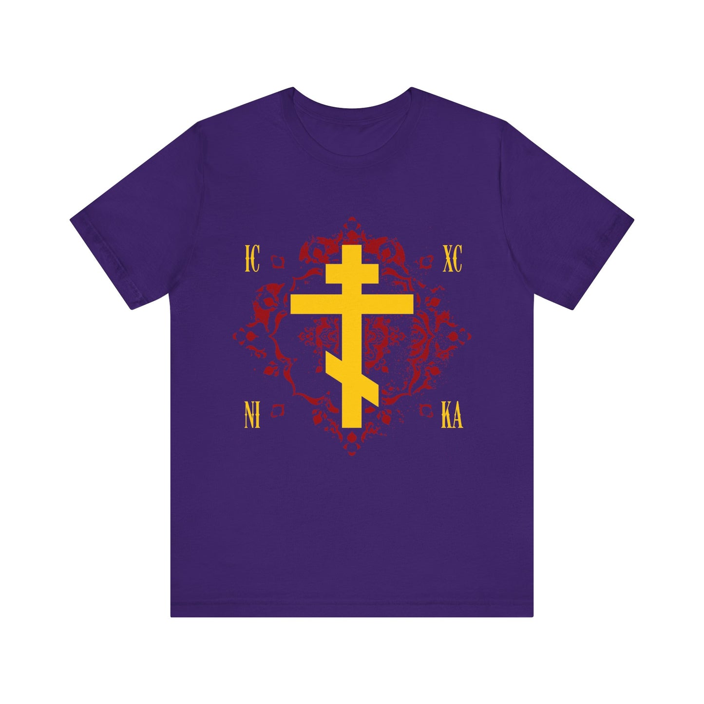 ICXC NIKA Yellow Russian Cross on Ornate Red Background Design | Jesus Christ Conquers | Orthodox Christian T-Shirt