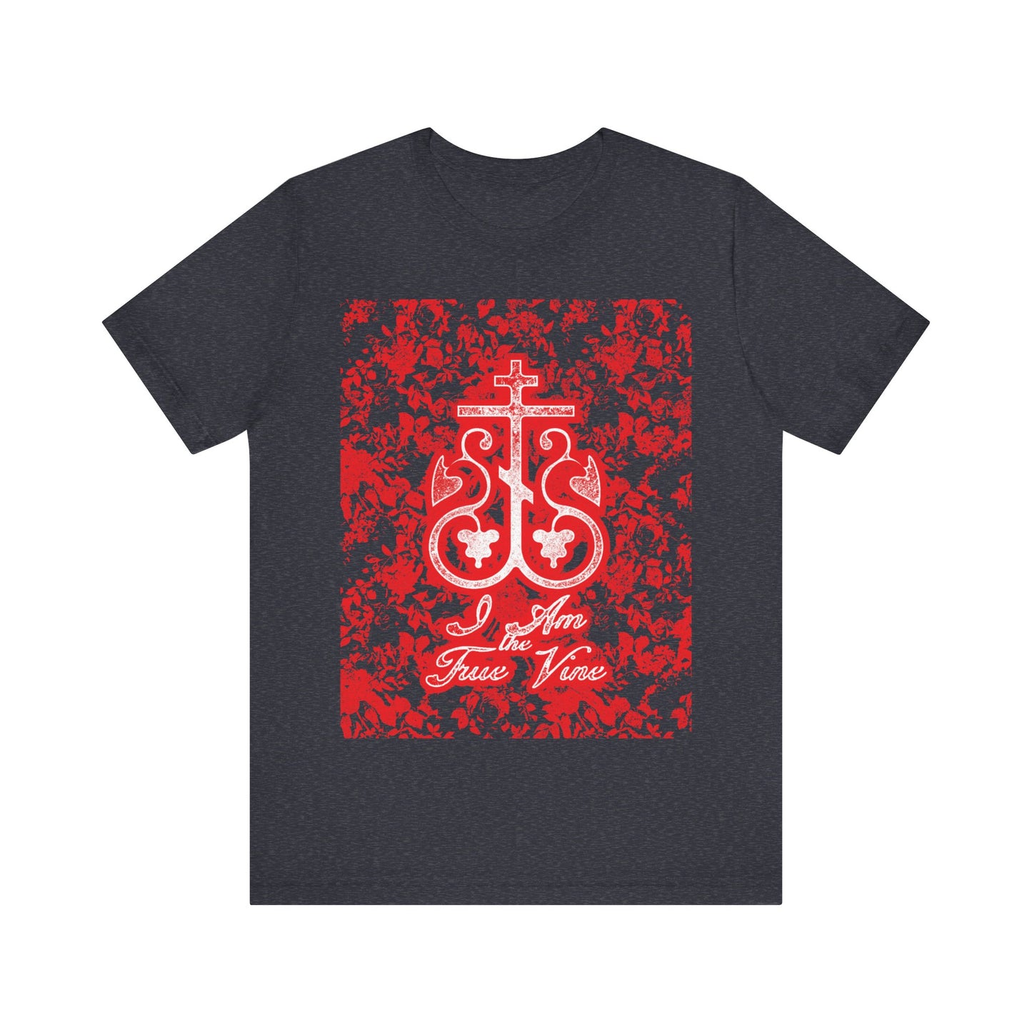 I Am the True Vine (John 15:1) | Orthodox Cross Vine Monogram | Red and Black Floral Design | Orthodox Christian T-Shirt