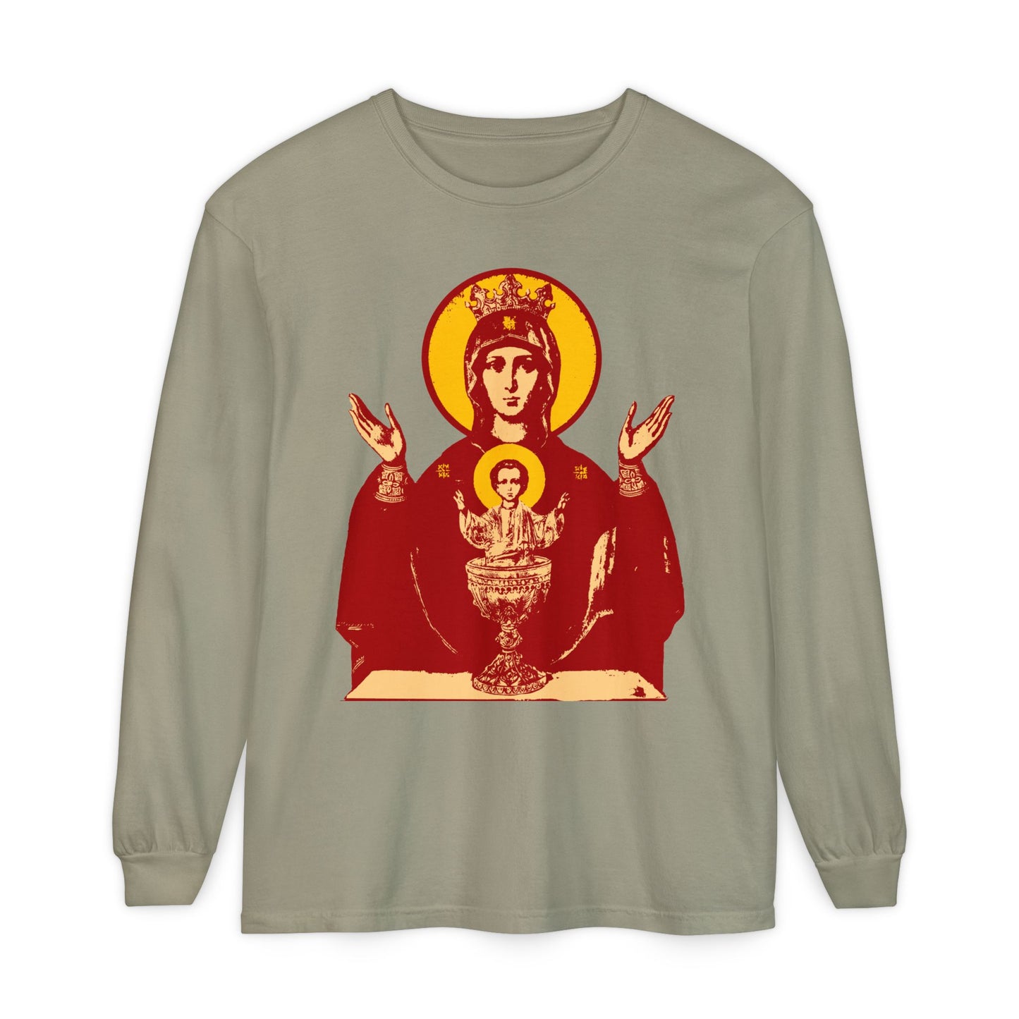 Sandstone long-sleeve shirt featuring the Holy Theotokos IconoGraphic of the Inexhaustible Chalice—Deliverer from Addictions and Conqueror of Passions. Orthodox Christian design, inspired by a revered icon.