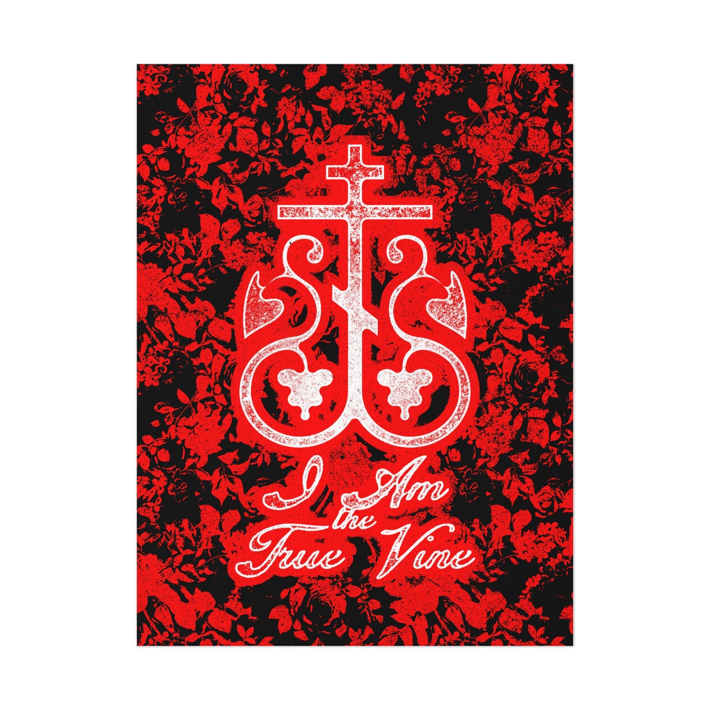 I Am the True Vine (John 15:1) | Orthodox Cross Vine Monogram | Red and Black Floral Design | Orthodox Christian Art Poster