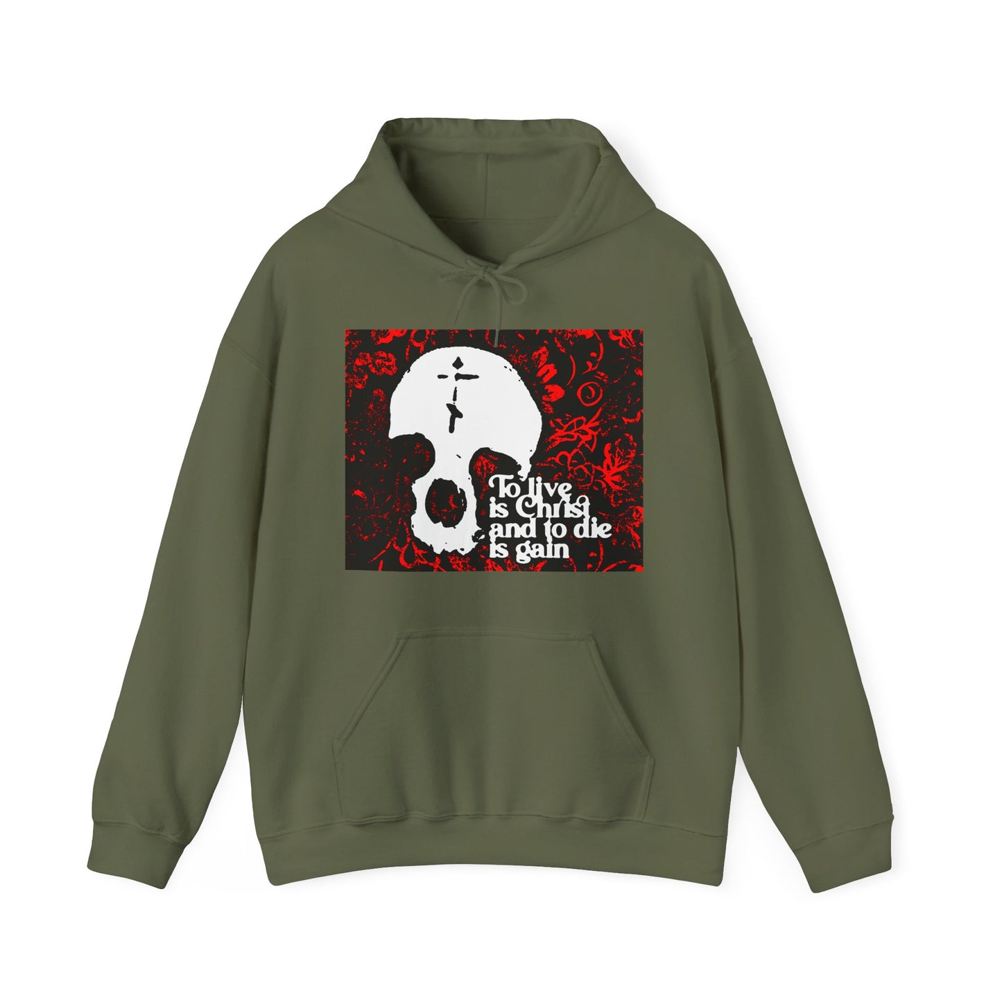To Live is Christ To Die is Gain (Phil 1:21) | Skull with Cross on Red Floral Texture | Orthodox Christian Hoodie / Hooded Sweatshirt