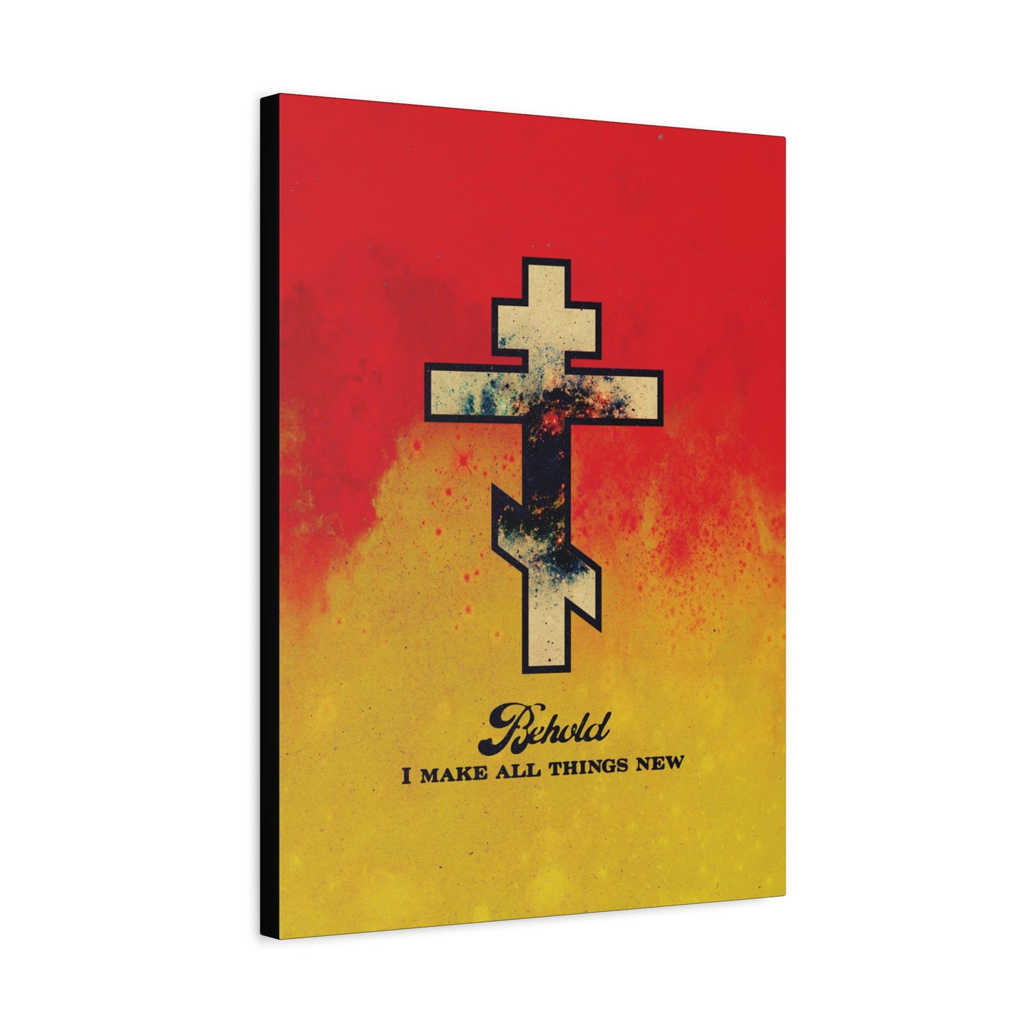 Behold, I Make All Things New (Revelation 21:5) | Cosmic Orthodox Cross on Red and Yellow Background | Orthodox Christian Canvas Art