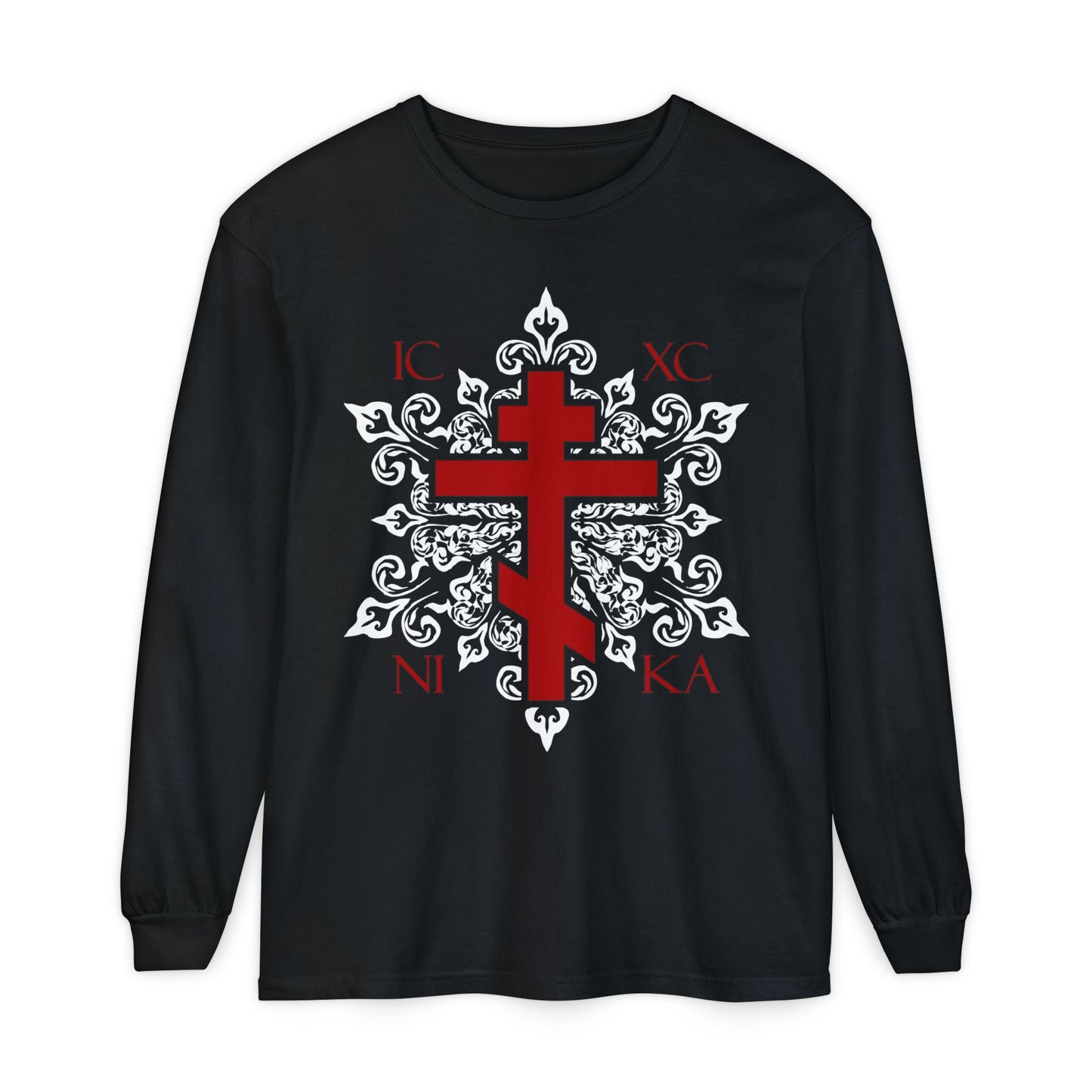 ICXC / NIKA Red Orthodox Cross on Ornate White Medieval Floral Design | Exclusive Best-Selling | Orthodox Christian Long Sleeve Shirt