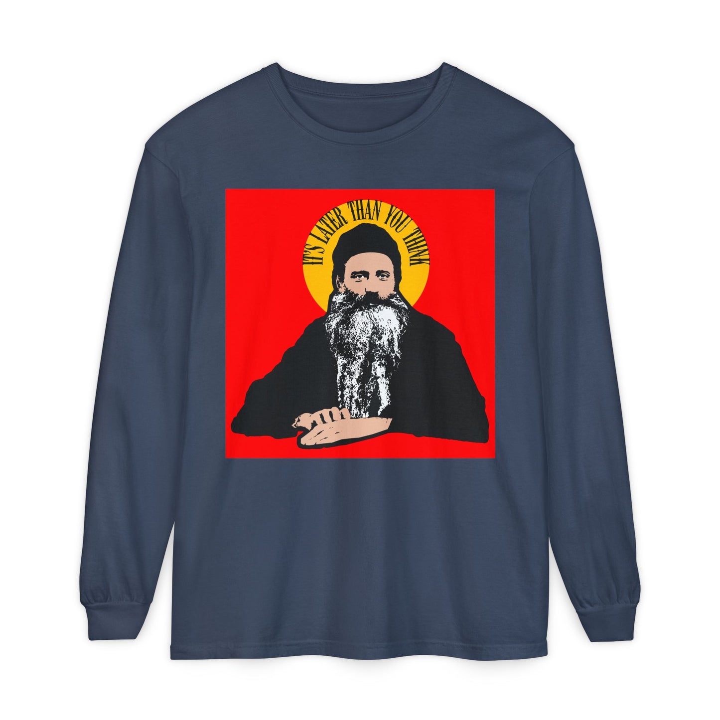 Midnight long-sleeve shirt featuring Fr Seraphim Rose with a yellow halo and the quote "It's Later Than You Think," honoring the modern American Orthodox Christian saint.