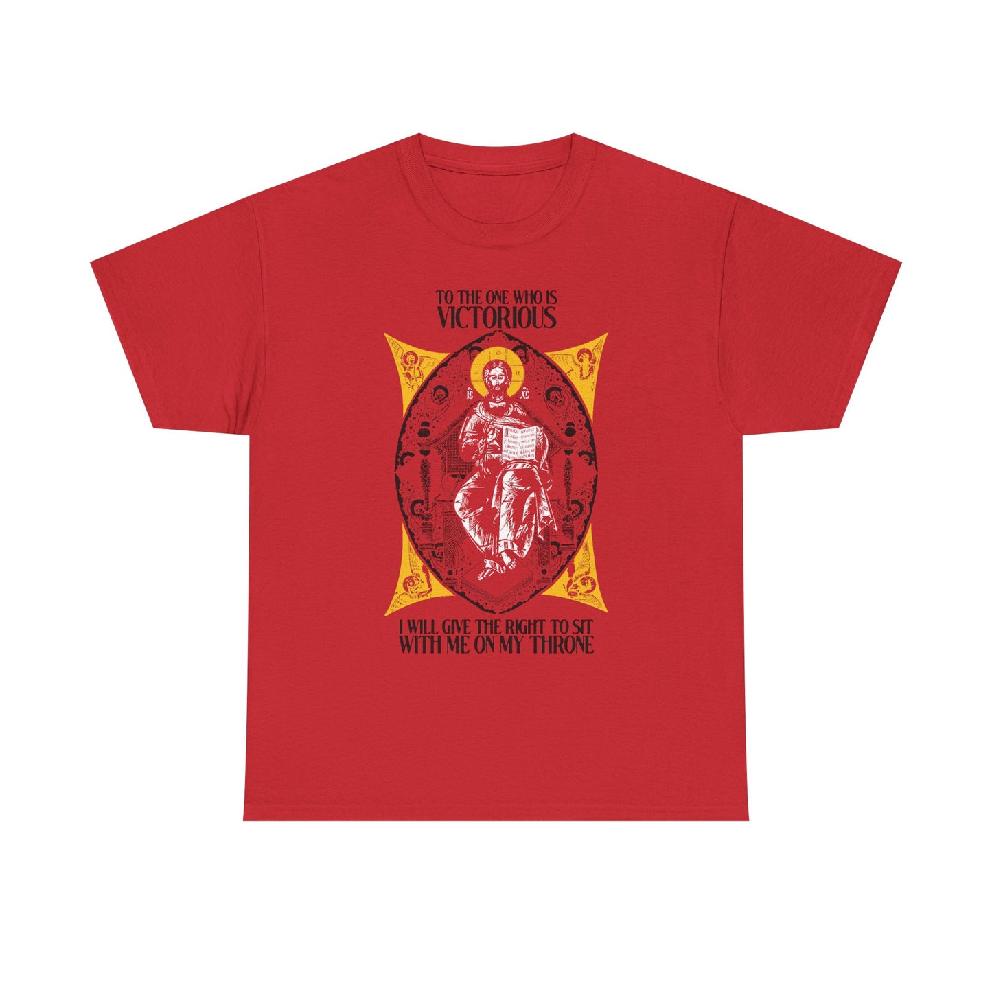 Red Christ is King, Enthroned In Glory IconoGraphic tee featuring a seated figure and the text: "To the One Who Is Victorious (Rev 3:21)…reign with Christ and sit with me on my throne." Orthodox Christian unisex midweight cotton.