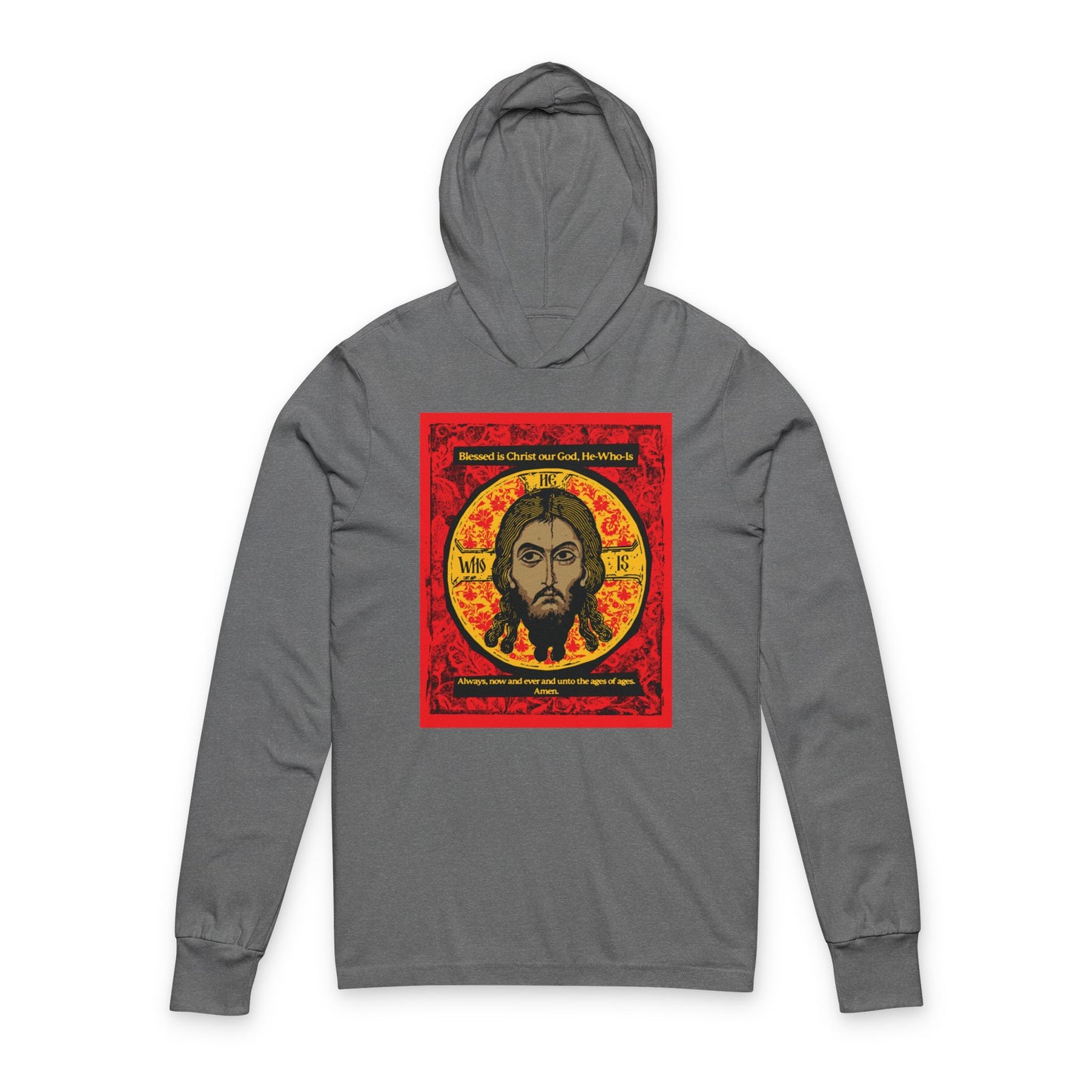 Remembrance of Death “Made Without Hands” Orthodox hooded shirt features a vibrant Jesus Christ icon with Greek letters, red-black-yellow design, and halo, inspired by the Mandylion tradition.