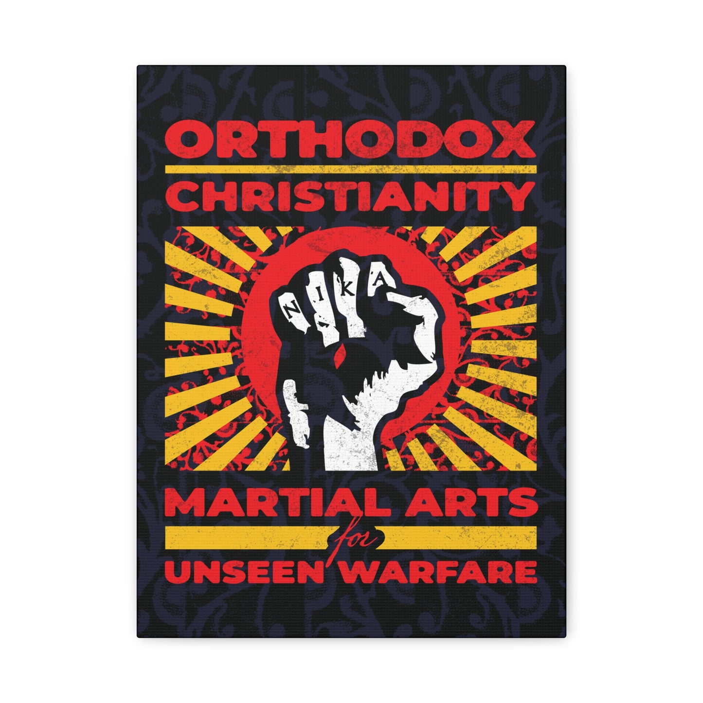 Orthodox Christianity: Martial Arts for Unseen Warfare | NIKA Jesus Fist on Colorful Sunburst Design | Orthodox Christian Canvas Art