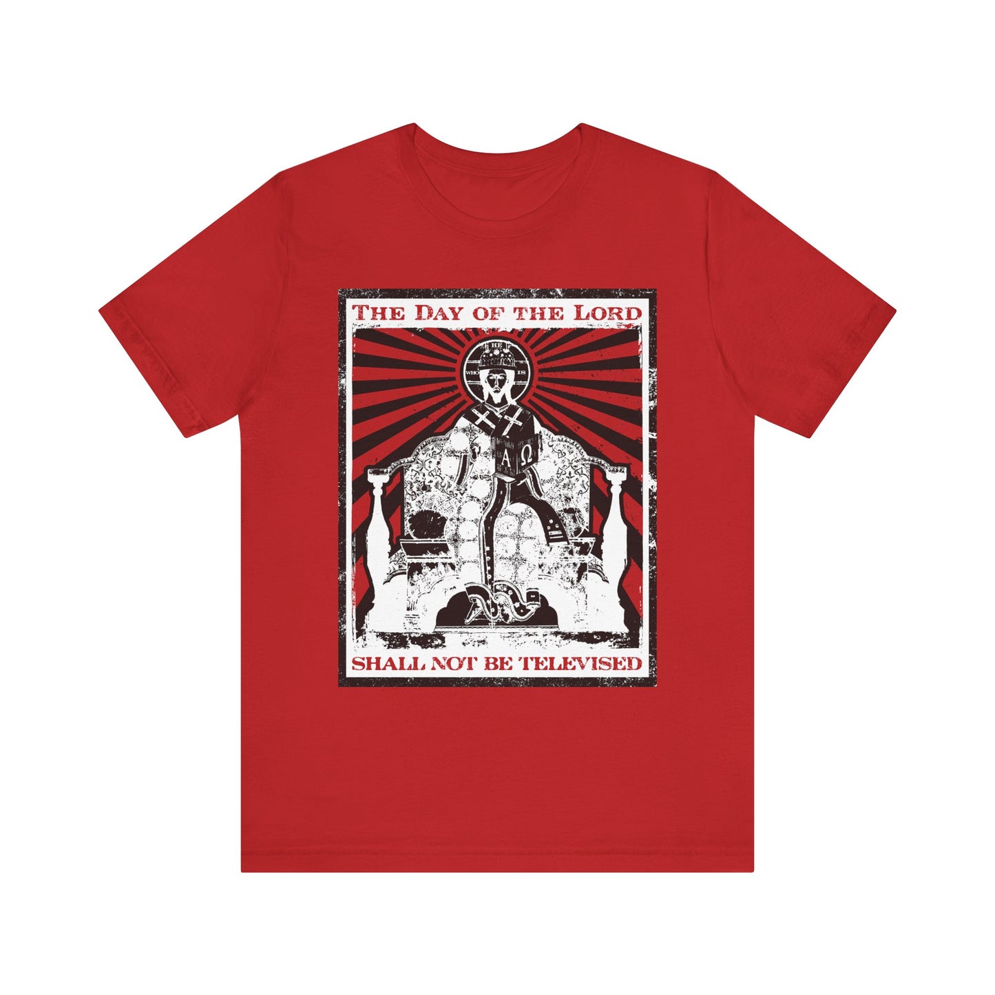 Red lightweight cotton unisex tee featuring an iconographic graphic of Jesus Christ with a crown, inspired by the Second Coming and Revelation themes from Christianity; emblazoned with the phrase "The Day of the Lord Shall Not Be Televised.