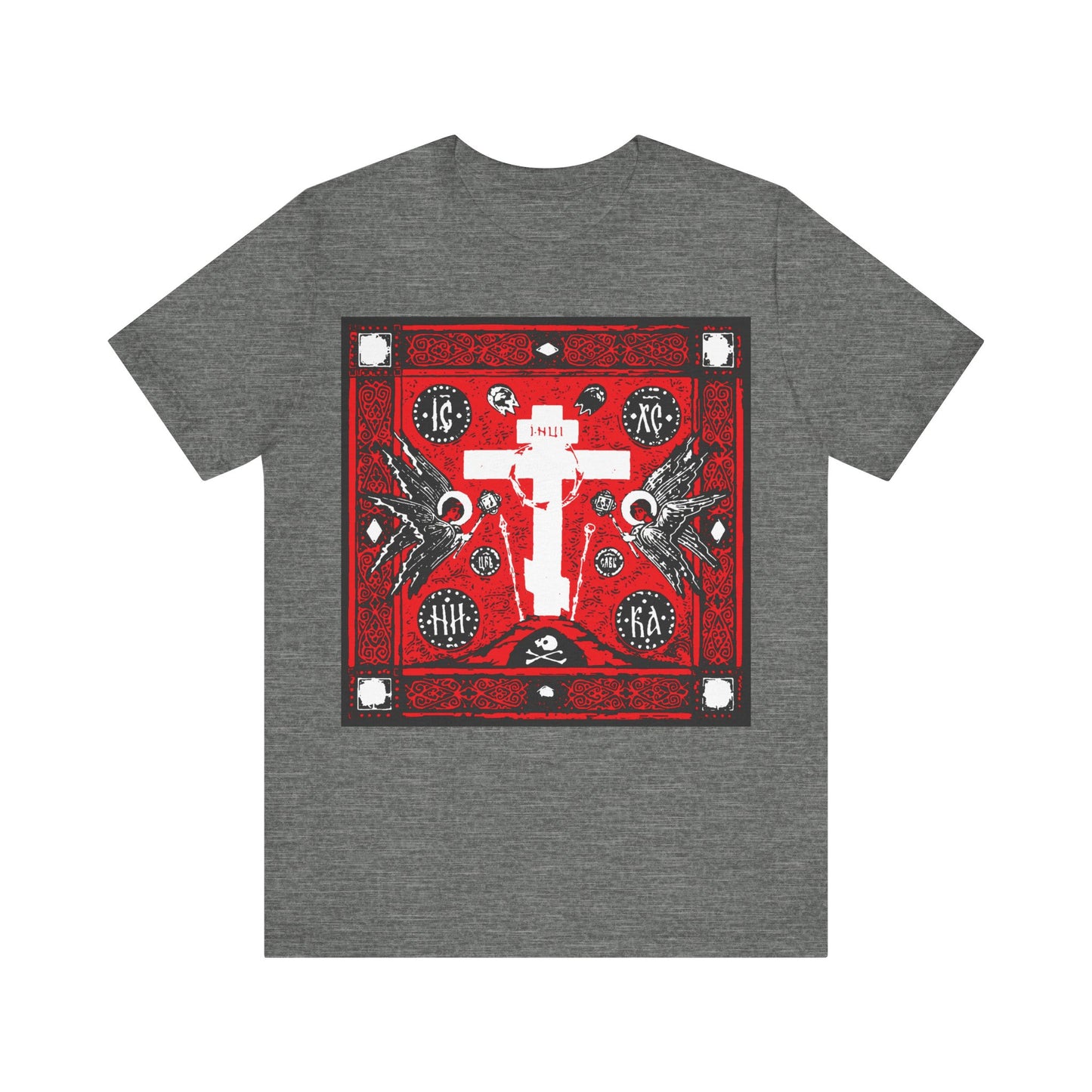 Adoration of Holy Cross IconoGraphic | Striking Red, White, & Black Russian Cross Design w/ Angels | Orthodox Christian T-Shirt