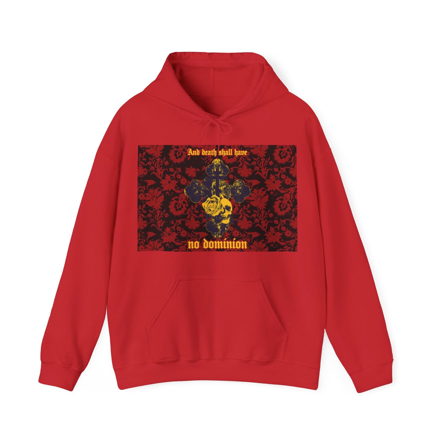 And Death Shall Have No Dominion (Dylan Thomas) | Resurrection | Gothic Style Cross, Skull and Rose on Floral Background | Orthodox Christian Hoodie-Red-S-Remembrance of Death