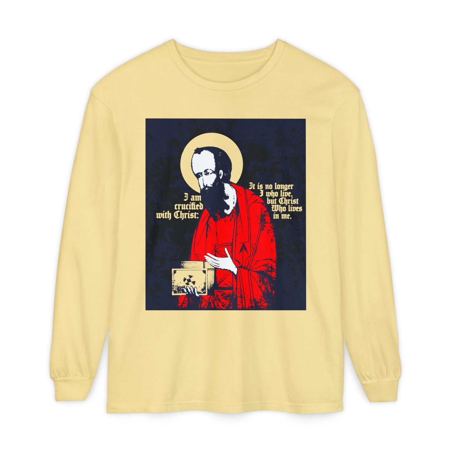 Butter-colored long sleeve shirt featuring St Paul holding the Gospel, with "I am crucified with Christ" (Galatians 2:20) in Orthodox iconographic style.
