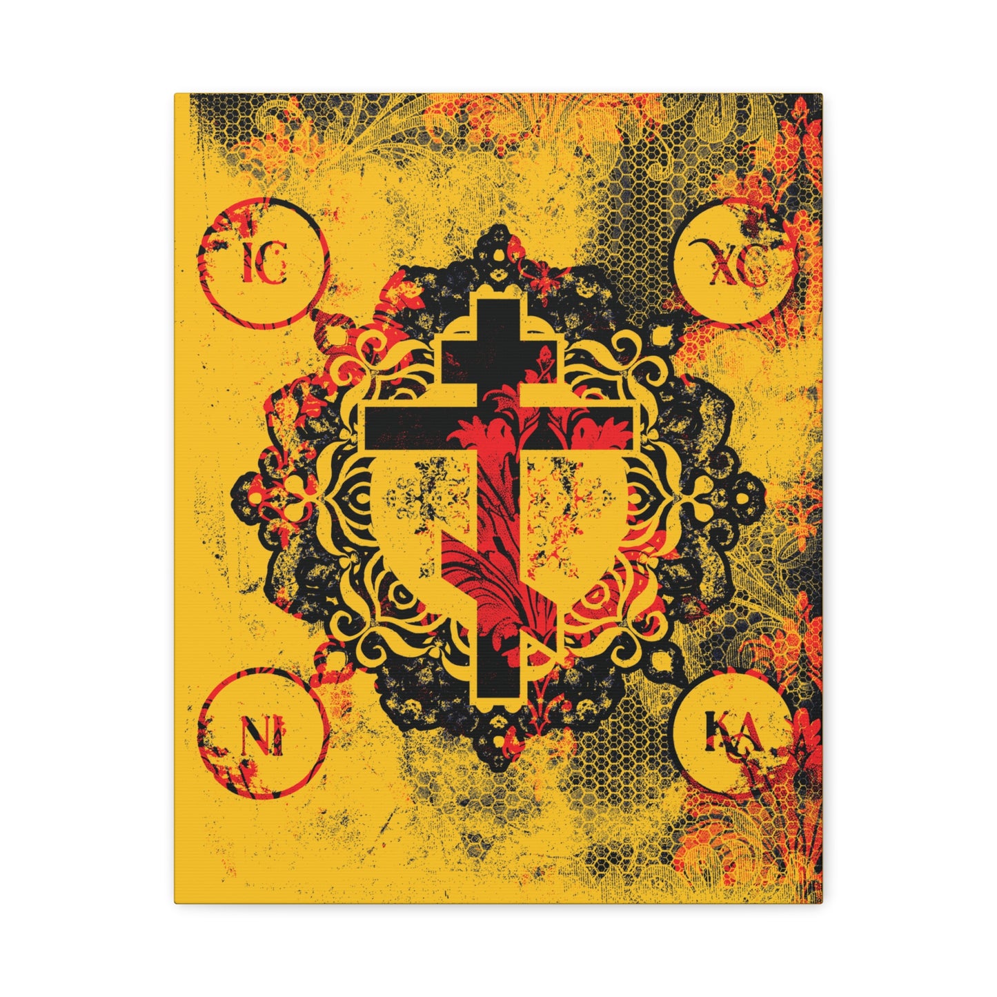 IC XC NIKA Orthodox Cross | Yellow & Red Modern & Medieval Textured Floral Design | Orthodox Christian Canvas Art
