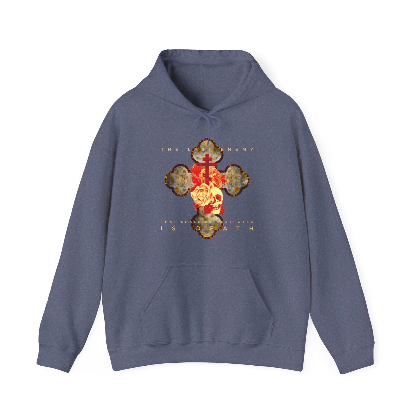 The Final Enemy That Shall Be Destroyed Is Death (1 Cor 15:26) | Metallic Gothic Cross with Rose and Skull | Orthodox Christian Hoodie