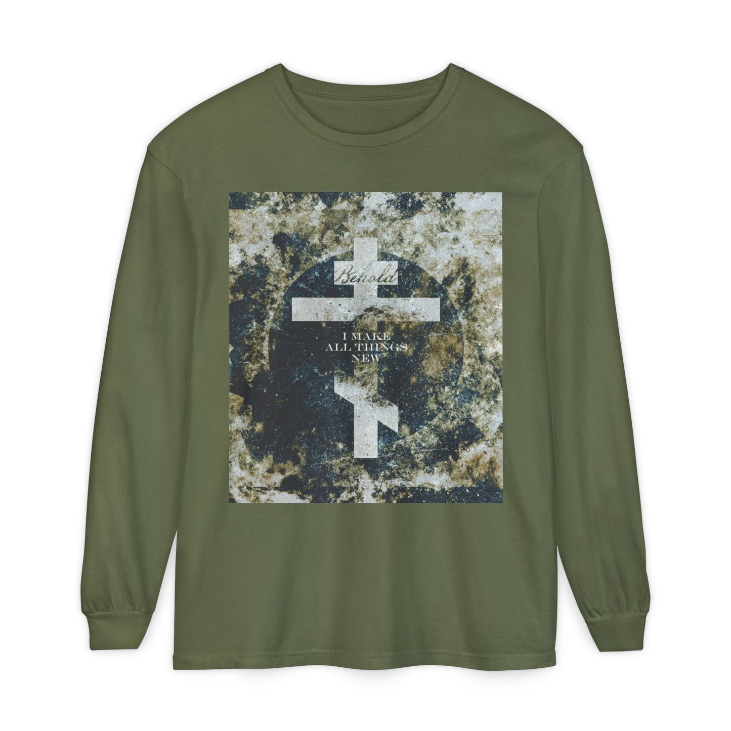 Behold, I Make All Things New | Revelation 21:5 | Cosmic Textured Orthodox Cross | Parousia | Orthodox Christian Long Sleeve Shirt