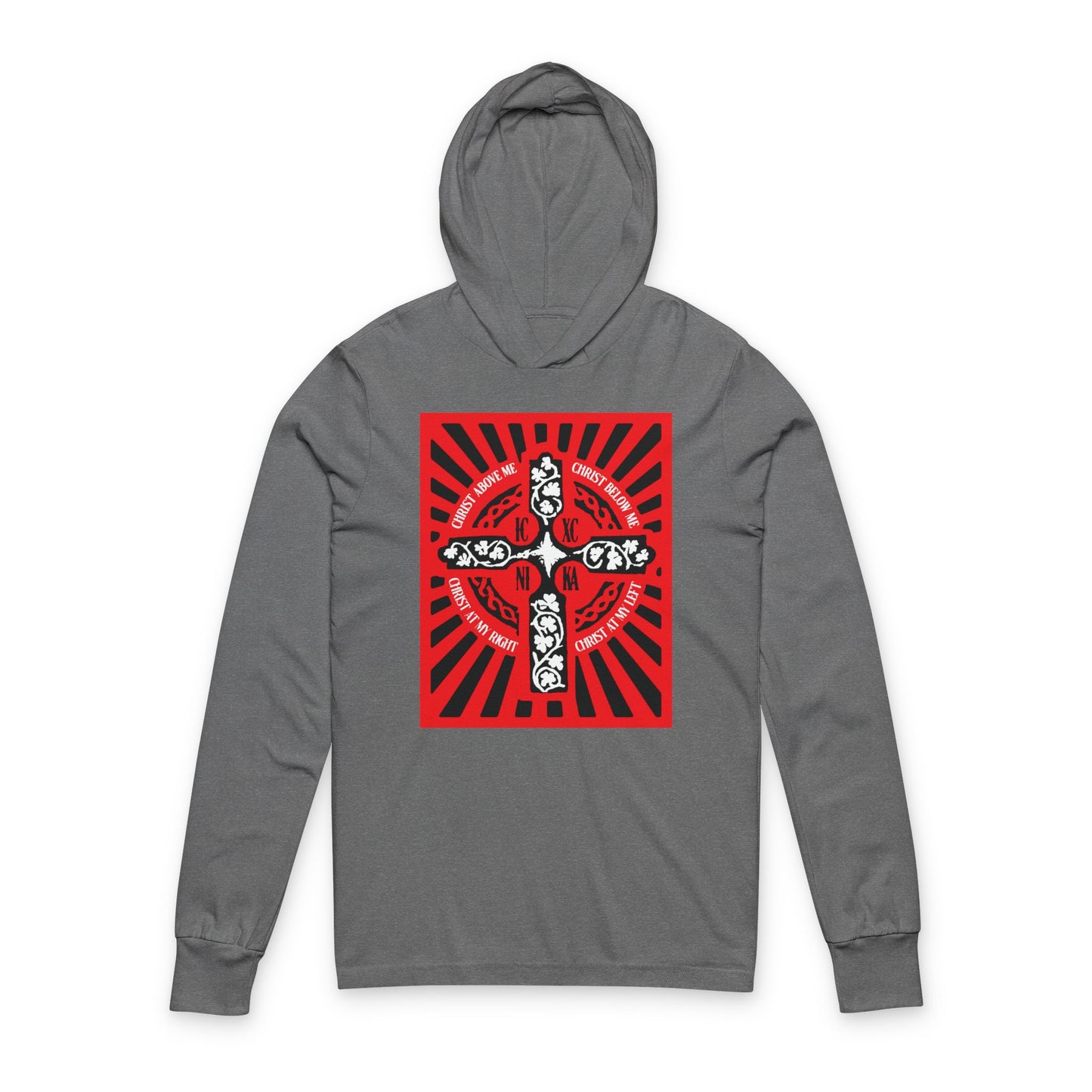 Red ICXC NIKA Enniskillen Celtic Cross | Lorica of St. Patrick | Shield Prayer | Orthodox Christian Long Sleeve Hooded Shirt