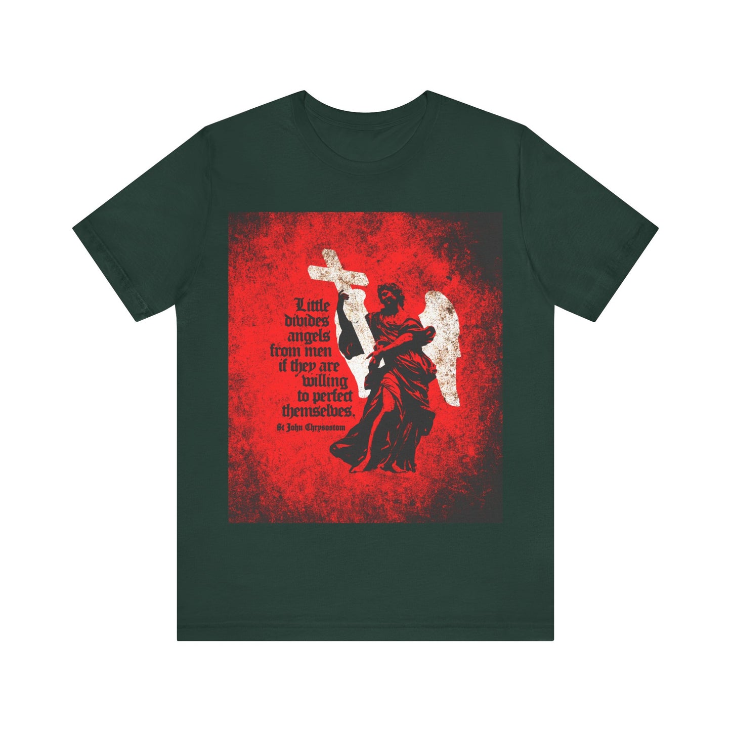 Forest green t-shirt with a textured cemetery angel and “Little Divides Angels from Men” quote, inspired by St John Chrysostom and Orthodox Christian faith.
