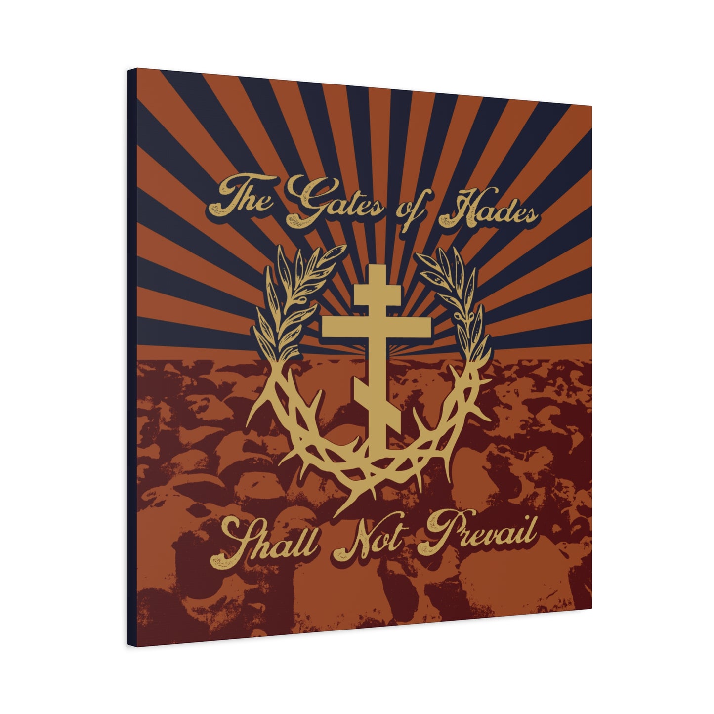 The Gates of Hades Shall Not Prevail | Cross with Wreath & Crown of Thorns | Skulls and Rays | Orthodox Christian Canvas Art