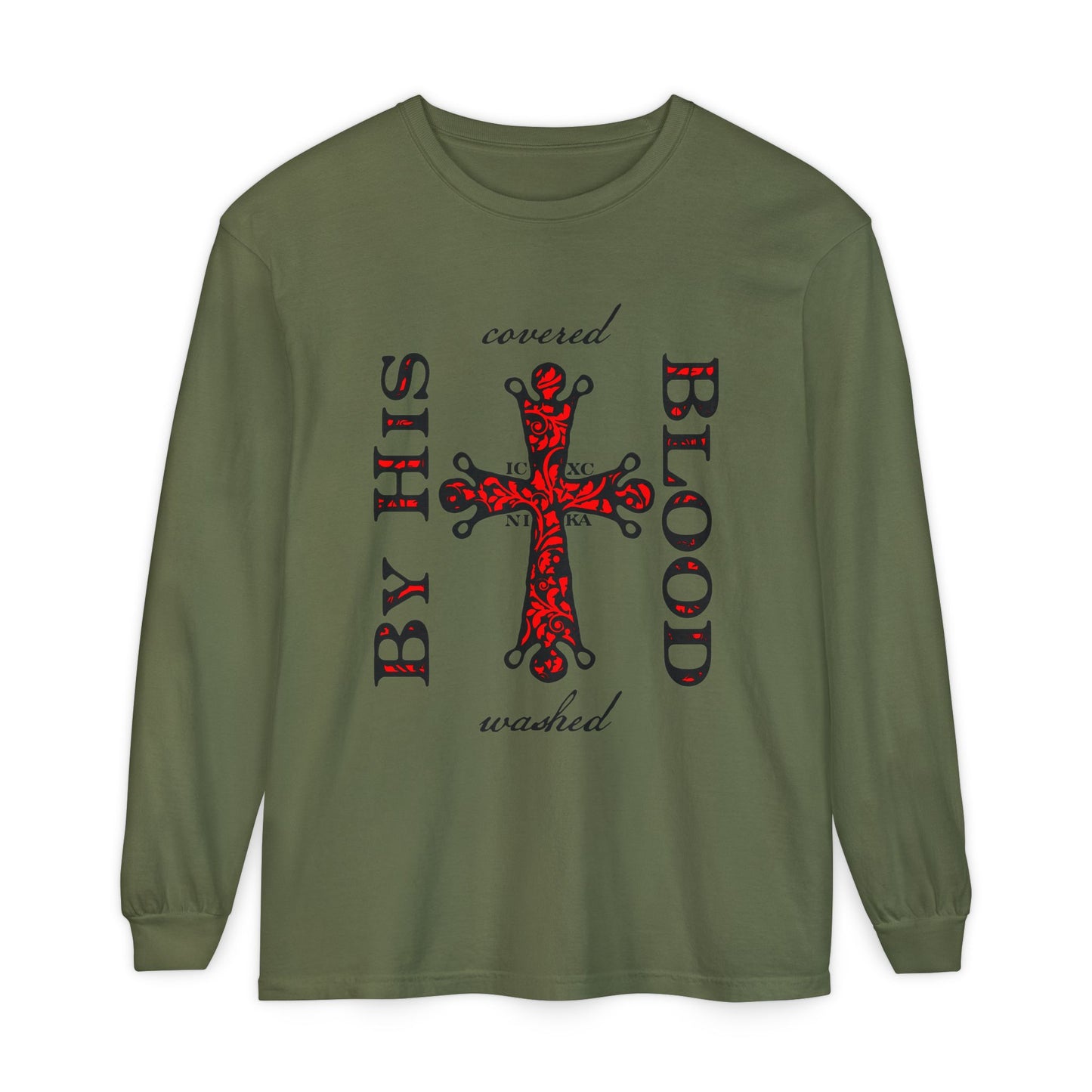 Washed/Covered By His Blood (1 John 1:7) | ICXC NIKA Ornate Red Orthodox Cross | Orthodox Christian Long Sleeve Shirt