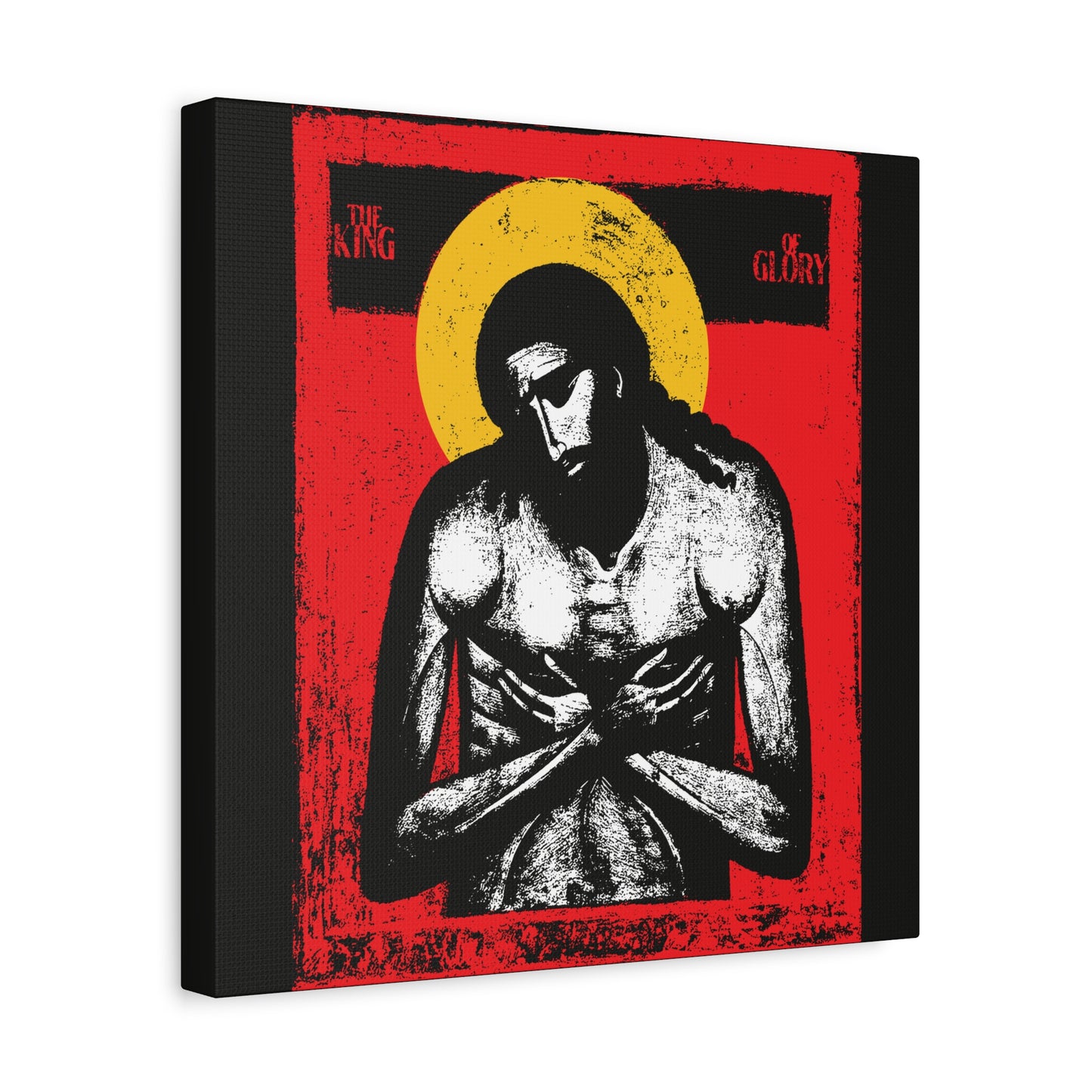 The King of Glory Jesus Christ "Extreme Humility" IconoGraphic features a stylized image with red, yellow, white, and black hues—a Christian devotional wall art inspired by Isaiah 53.
