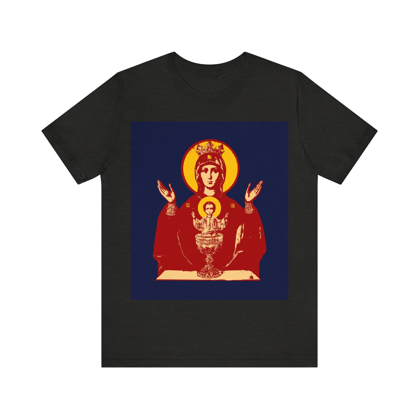 Black Heather T-shirt featuring the Holy Theotokos IconoGraphic of the Inexhaustible Chalice—Deliverer from Addictions and Conqueror of Passions—inspired by Orthodox Christian tradition.