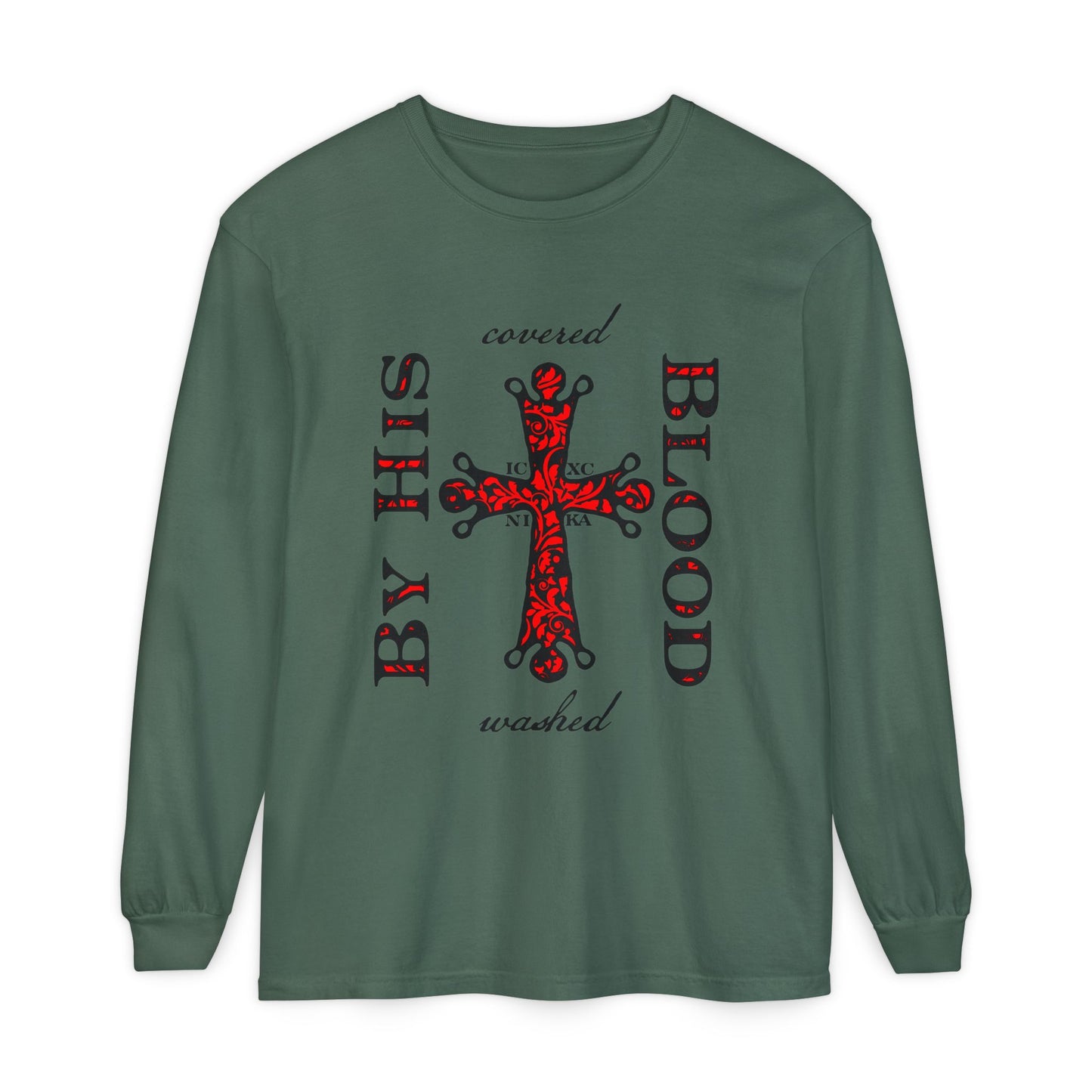 Washed/Covered By His Blood (1 John 1:7) | ICXC NIKA Ornate Red Orthodox Cross | Orthodox Christian Long Sleeve Shirt