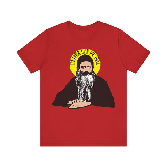 Red unisex tee featuring the quote "It's Later Than You Think" by Fr. Seraphim Rose, with a yellow halo—modern American Orthodox Christian saint. Celebrate his legacy in a bold and meaningful design.