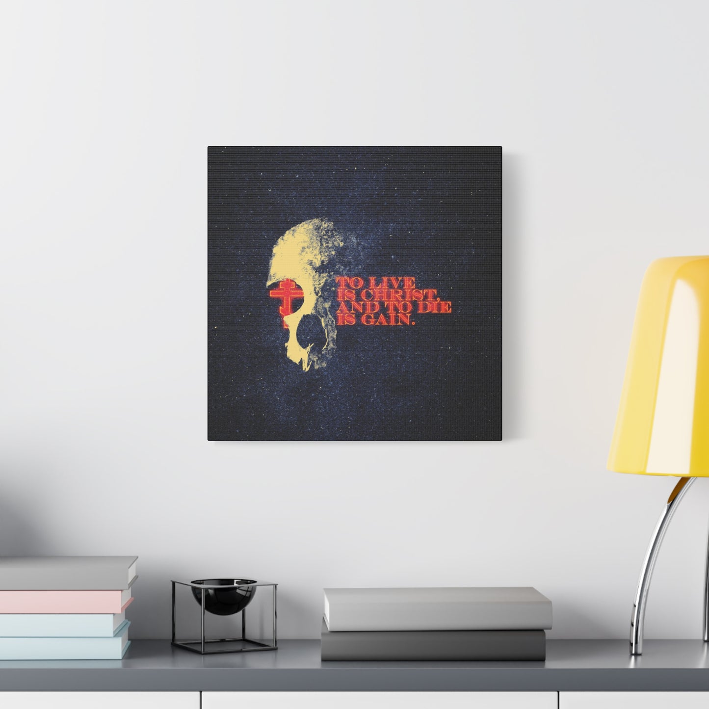 To Live is Christ and to Die is Gain | Phil 1:21 | Retro Texture | Glowing Letters and Cross with Skull | Orthodox Christian Canvas Art