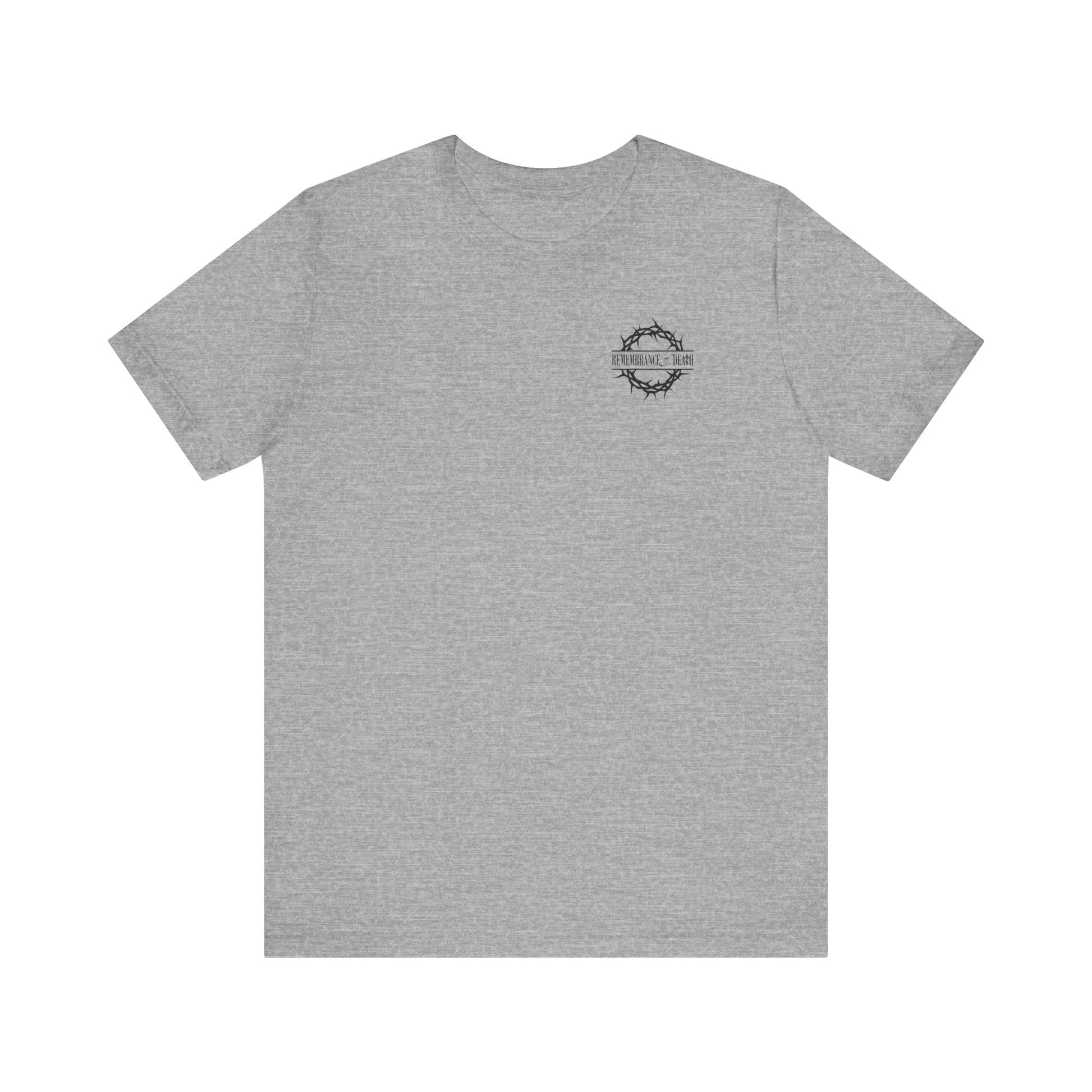 Gray t-shirt with small “Dead to this World” branded front and bold Christian Goth flower cross & skull graphic on the back—perfect for those embracing Orthodox renunciation and dispassion.