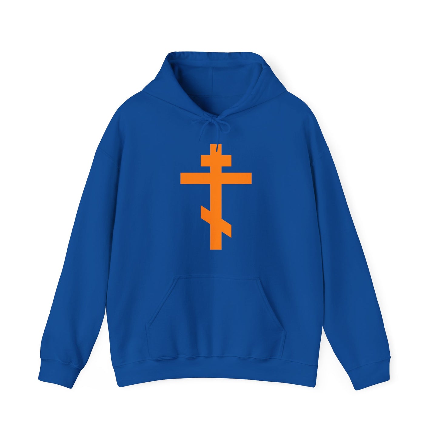 Royal hoodie featuring a large orange Orthodox Tribar Cross and "Preserve Thy People By Thy Cross, O Lord” print. Inspired by Christ is King and Christian streetwear.