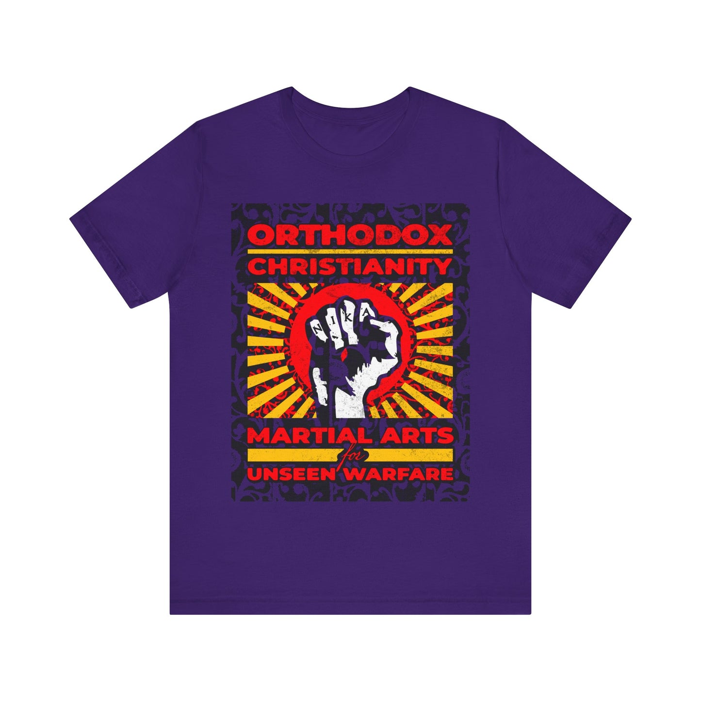 Orthodox Christianity: Martial Arts for Unseen Warfare | NIKA Jesus Fist on Colorful Sunburst Design | Orthodox Christian T-Shirt