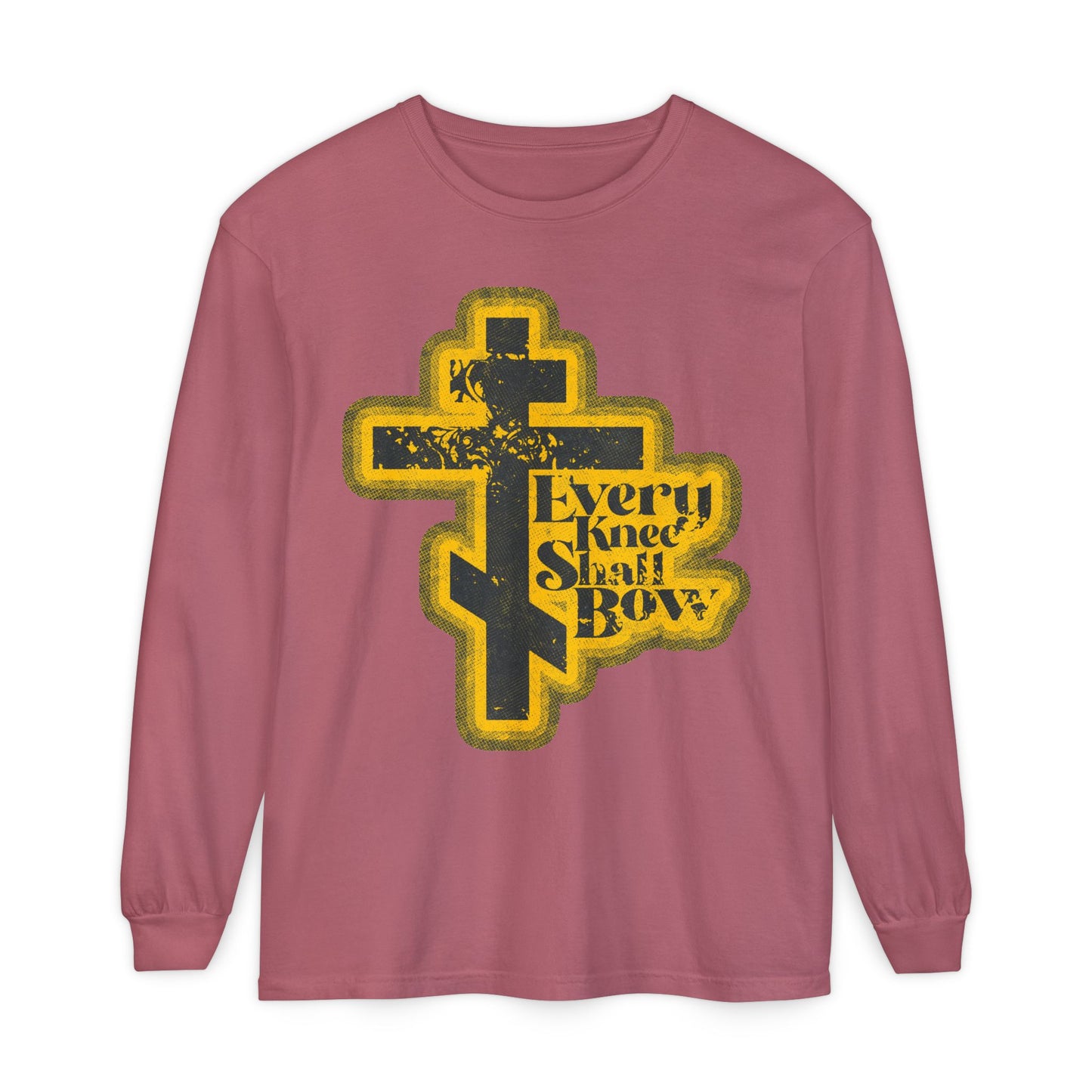 Crimson long-sleeve shirt with distressed 70s comic book cross and "Every Knee Shall Bow" graphic, inspired by Philippians 2:10-11 & Isaiah 45:23. Orthodox Christian design declaring Jesus Christ is Lord.