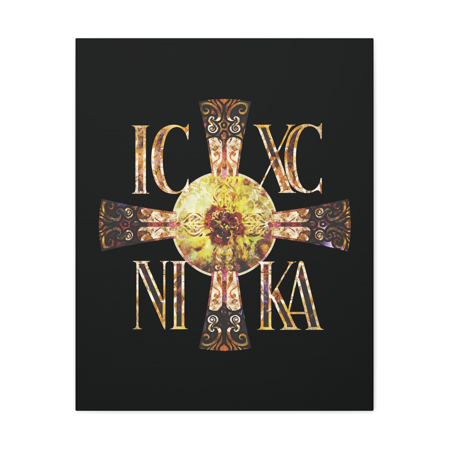 ICXC NIKA Celtic Style Equal Armed Cross | Bright Solar Texture | Orthodox Christian Canvas Art