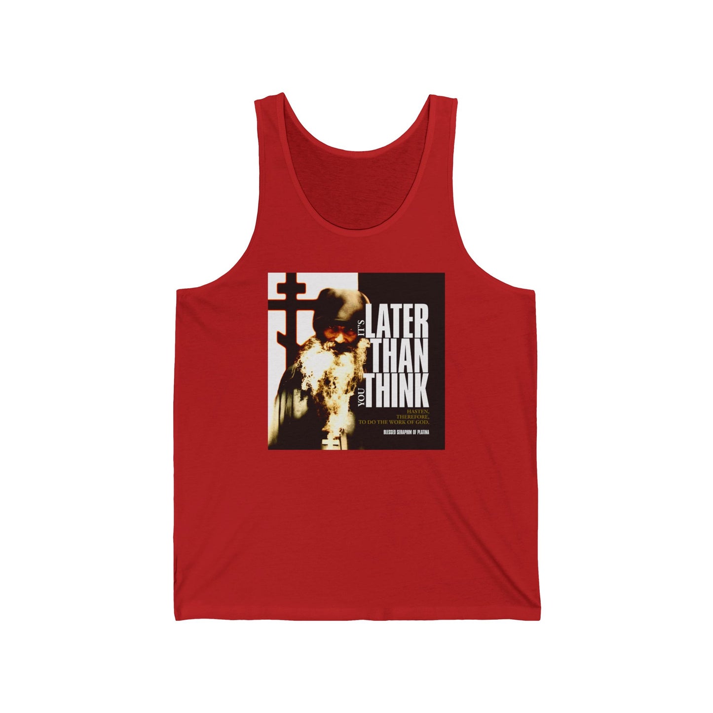 Red “It’s Later Than You Think” Orthodox Christian jersey tank top, featuring Fr. Seraphim Rose’s photo with modern cinematic poster typography on the front.