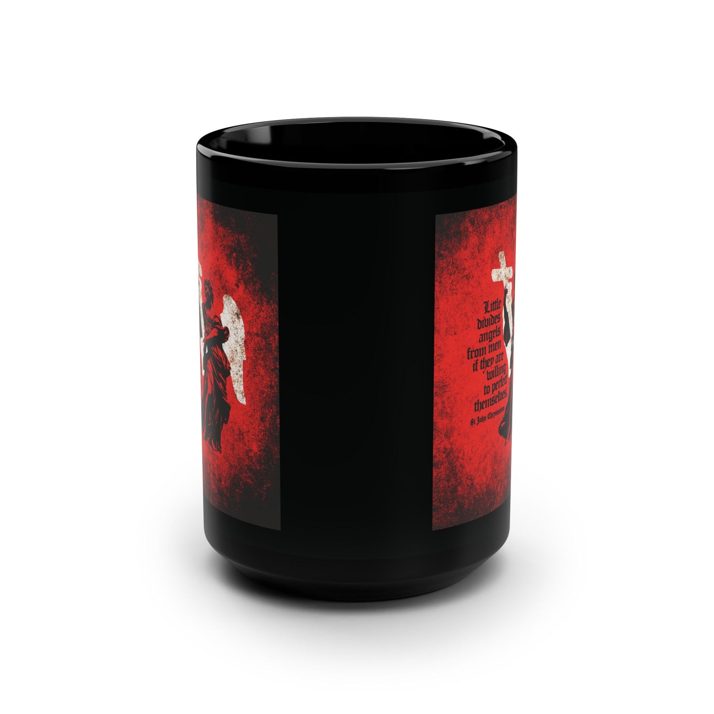 Little Divides Angels from Men | Christian Perfection | St John Chrysostom | Textured Cemetery Angel | Orthodox Christian Black Mug