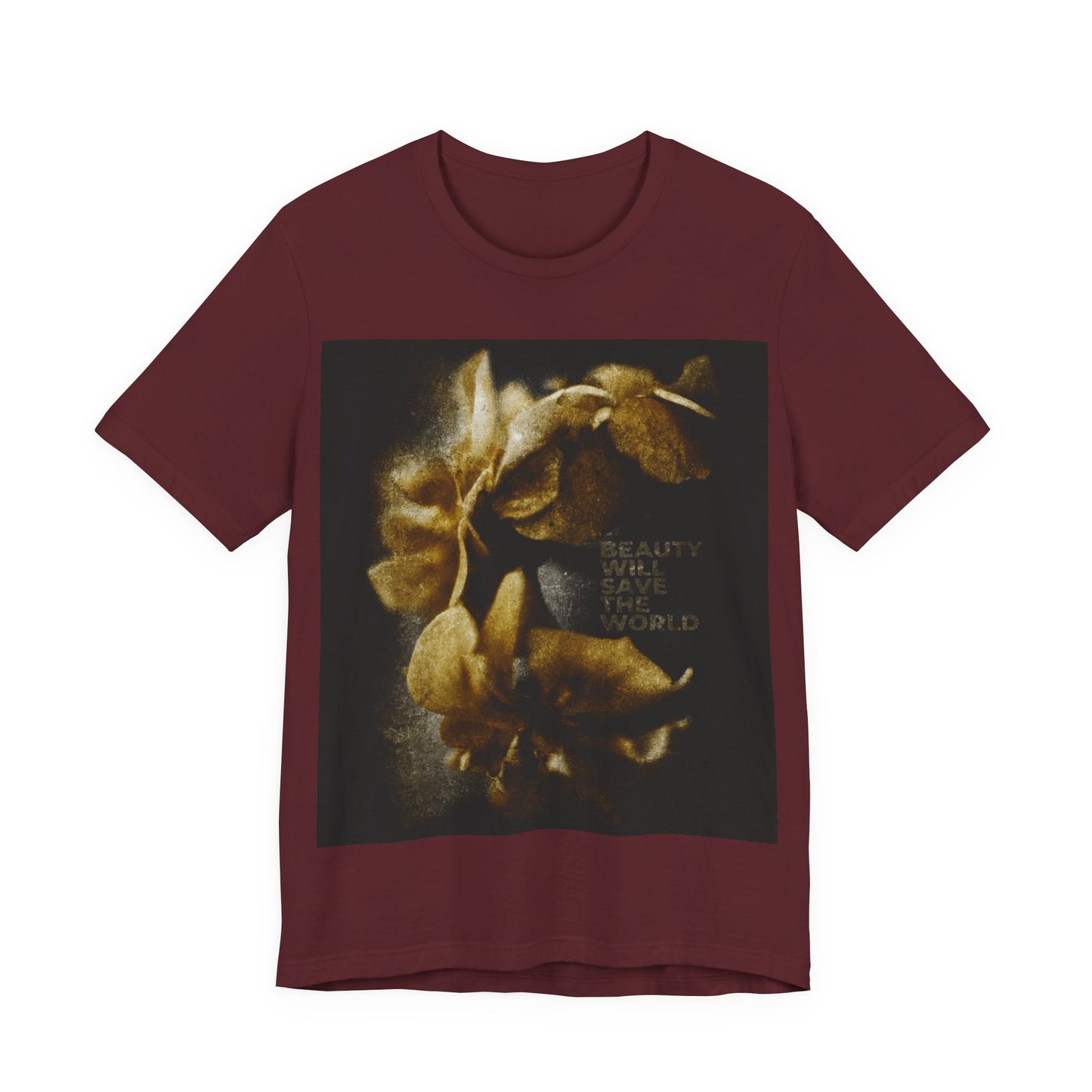 Maroon "Beauty Will Save the World" t-shirt featuring Dostoevsky-inspired artwork glorifying Jesus Christ, Universal Creator & King—Orthodox Christian apparel celebrating creation’s beauty and goodness.