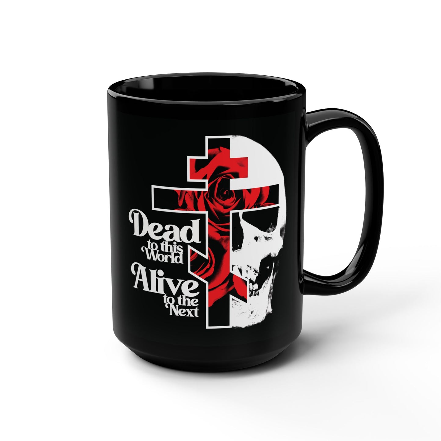 Dead to this World Alive to the Next | Goth Aesthetic Flower Cross & Skull | Orthodox Christian Black Mug