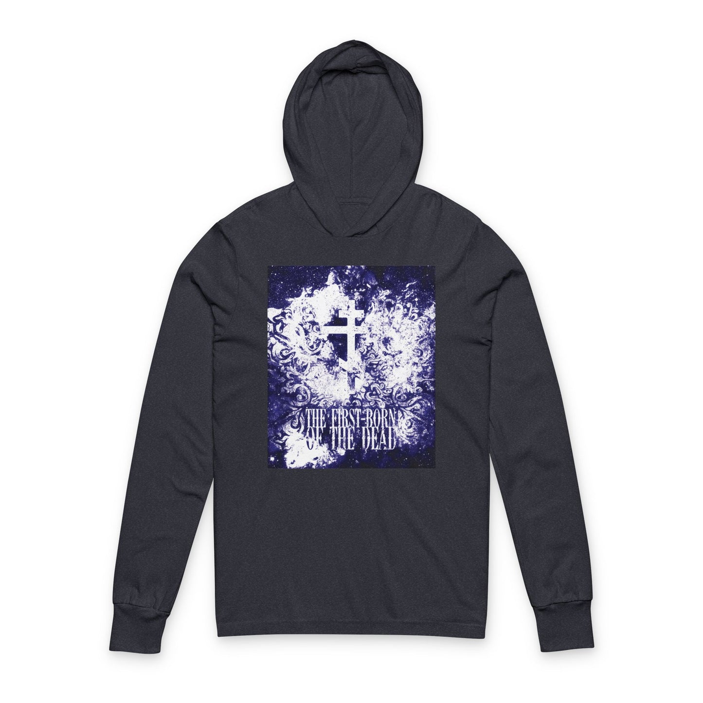 Heather navy hooded shirt with a glowing white and blue textured cosmic Orthodox cross graphic and “The First-Born of the Dead” text, inspired by the Resurrection & Apocalypse.