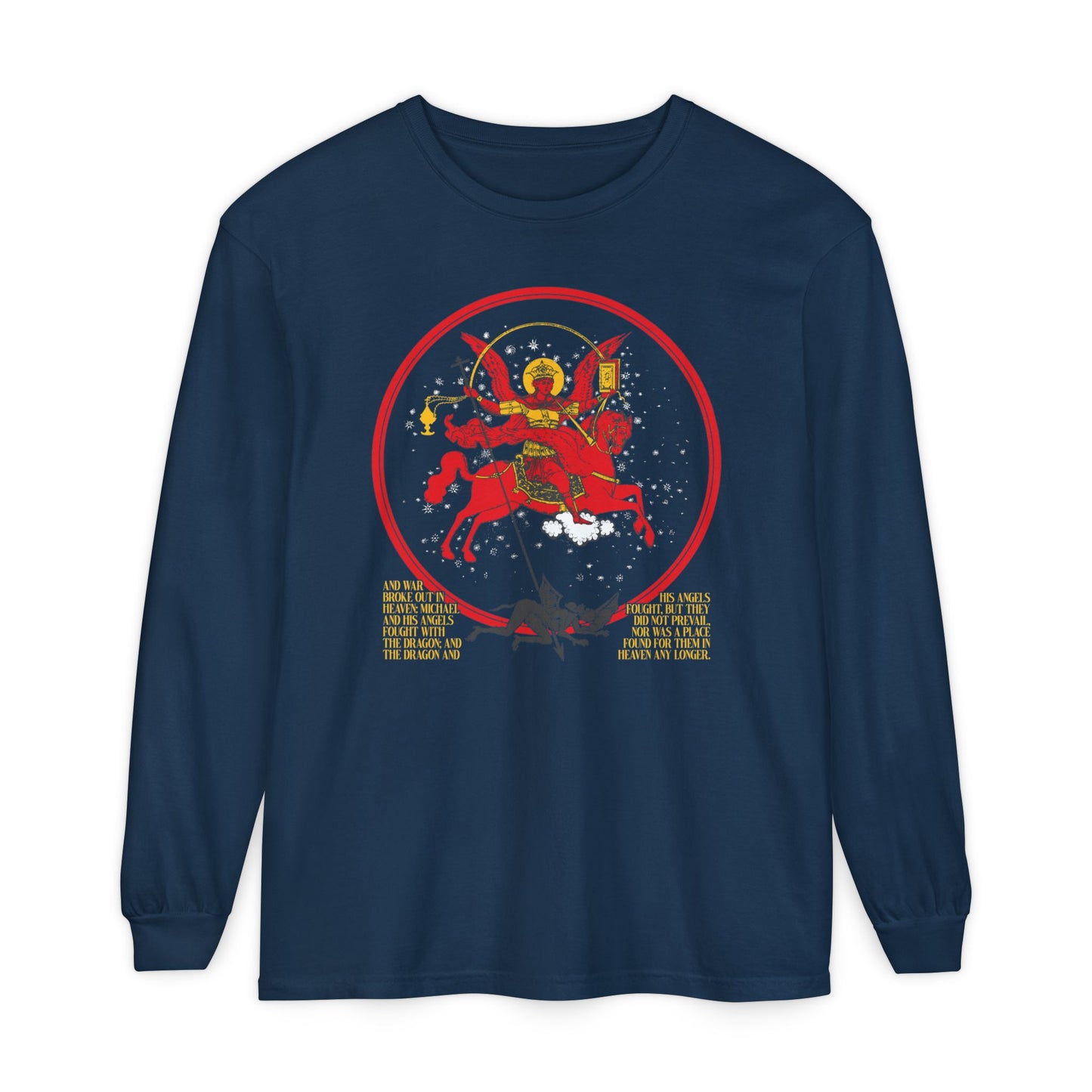 True Navy long-sleeve cotton shirt featuring a red and gold medieval-style Archangel Michael and his angels, inspired by Revelation 12:7-9, and “War in Heaven” Icono-Graphic design. Orthodox Christian theme: Satan Cast Out.