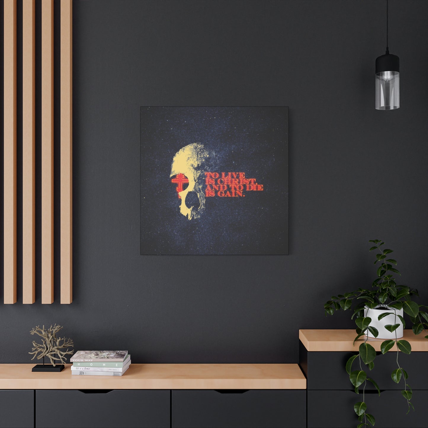 To Live is Christ and to Die is Gain | Phil 1:21 | Retro Texture | Glowing Letters and Cross with Skull | Orthodox Christian Canvas Art
