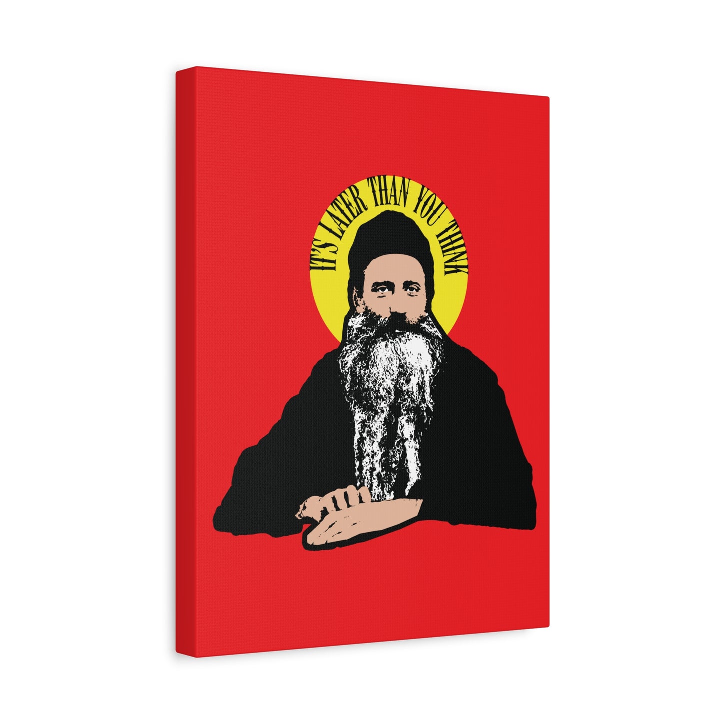 Modern Orthodox Christian wall art featuring a bearded saint with yellow halo on red, captioned “It’s Later Than You Think”—inspired by Fr Seraphim Rose. Perfect for reflection on faith and life’s journey.