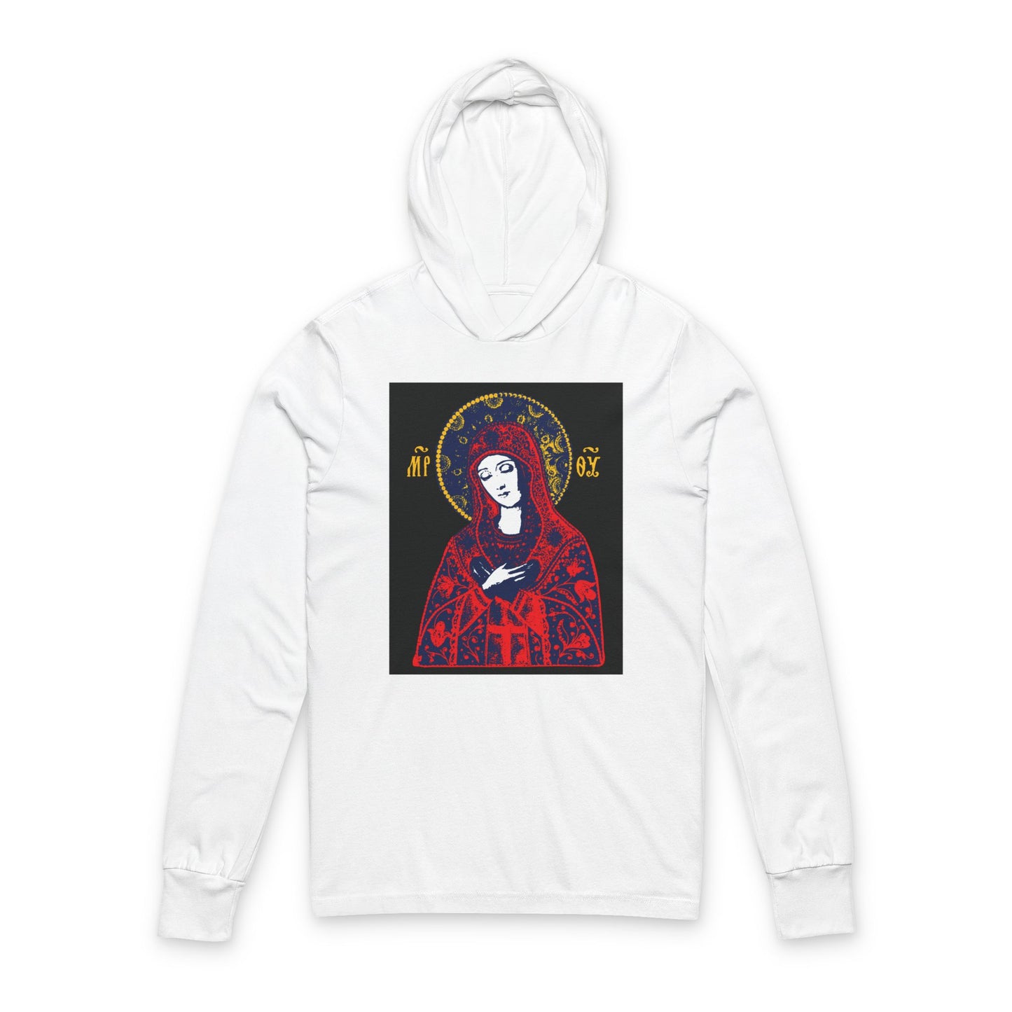 Joy of All Joys Tenderness Theotokos Iconographic Based on Traditional Orthodox Iconography | Red Design | Orthodox Long Sleeve Hooded Shirt