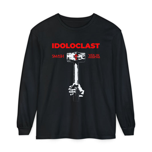 Black long-sleeve Idoloclast Idol-Smasher shirt featuring Jesus’ fist with sledgehammer and bold “Smash Your Passions” text—promoting Christian asceticism and Orthodox faith.
