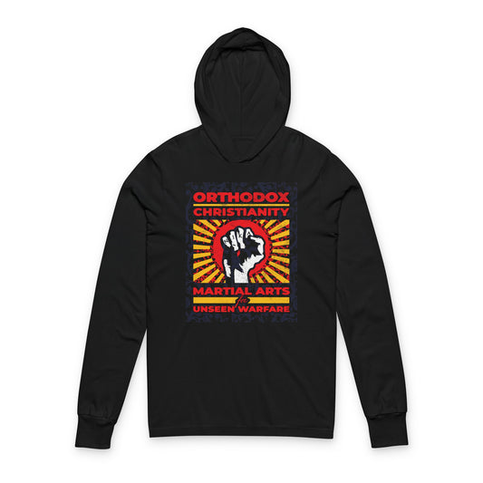 Orthodox Christianity: Martial Arts for Unseen Warfare | NIKA Jesus Fist on Colorful Sunburst Design | Orthodox Long Sleeve Hooded Shirt